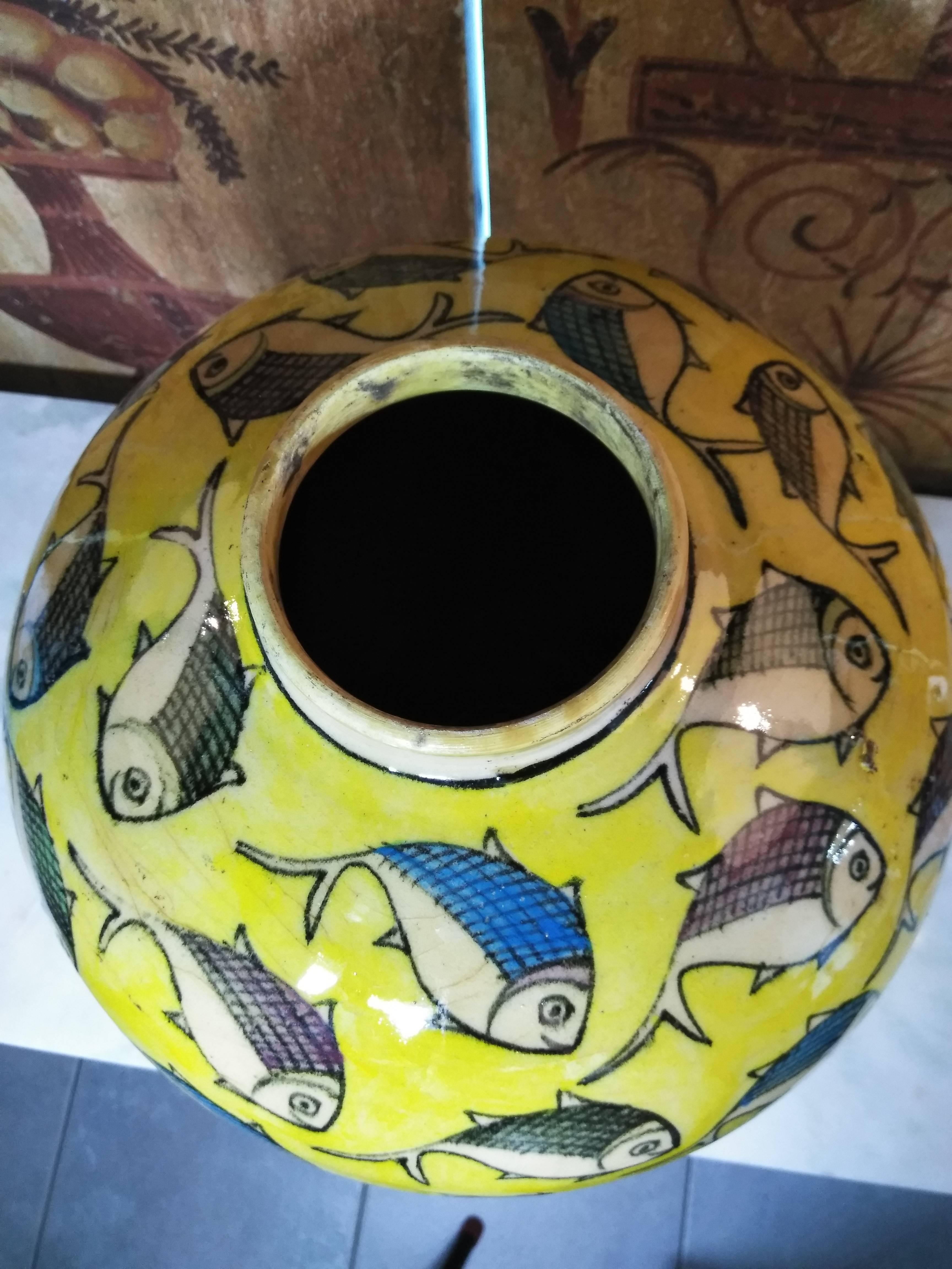 Hand-Painted Vintage Yellow Persian Ceramic Fish Vase