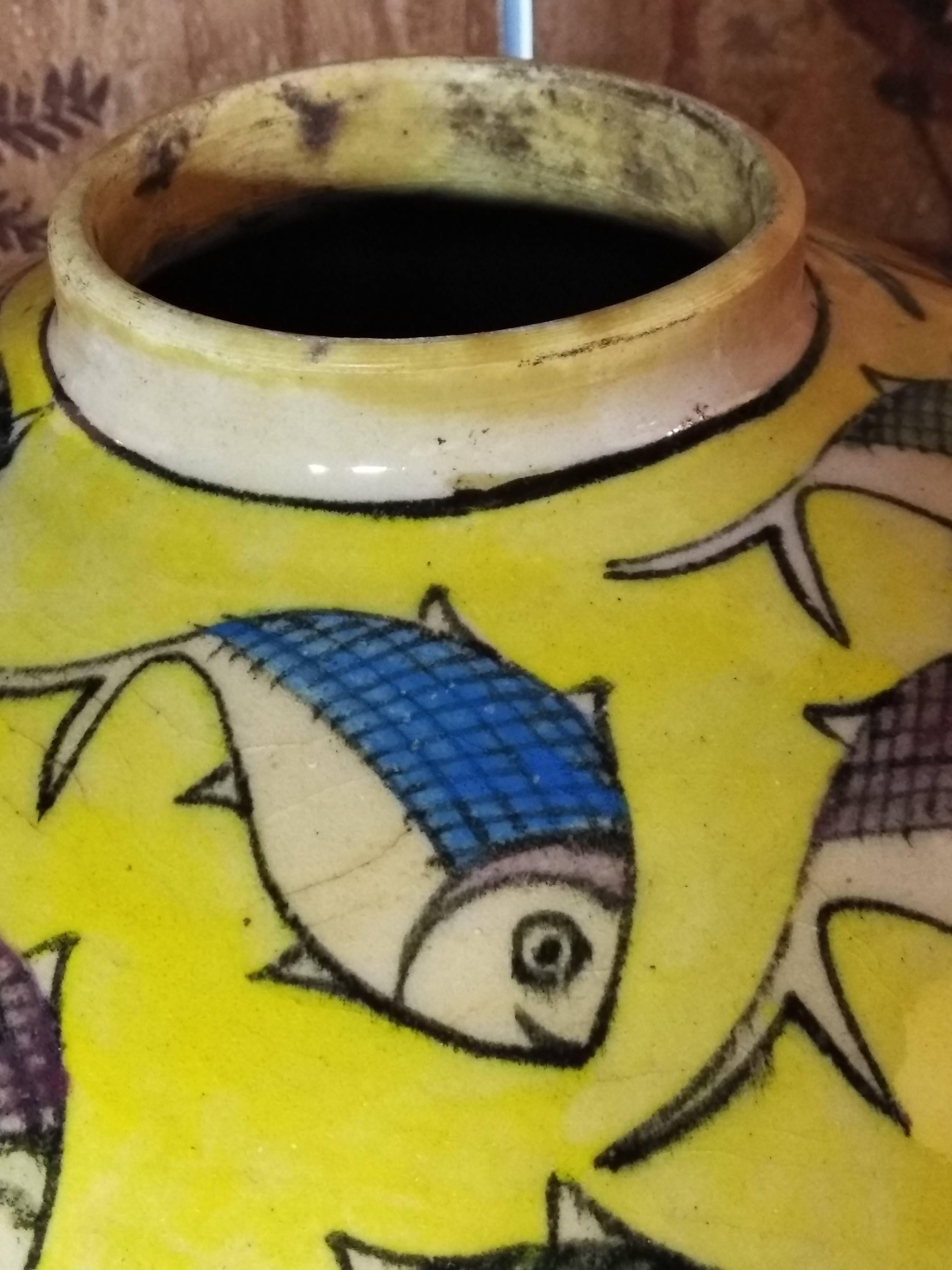 Vintage Yellow Persian Ceramic Fish Vase In Excellent Condition In Delray Beach, FL