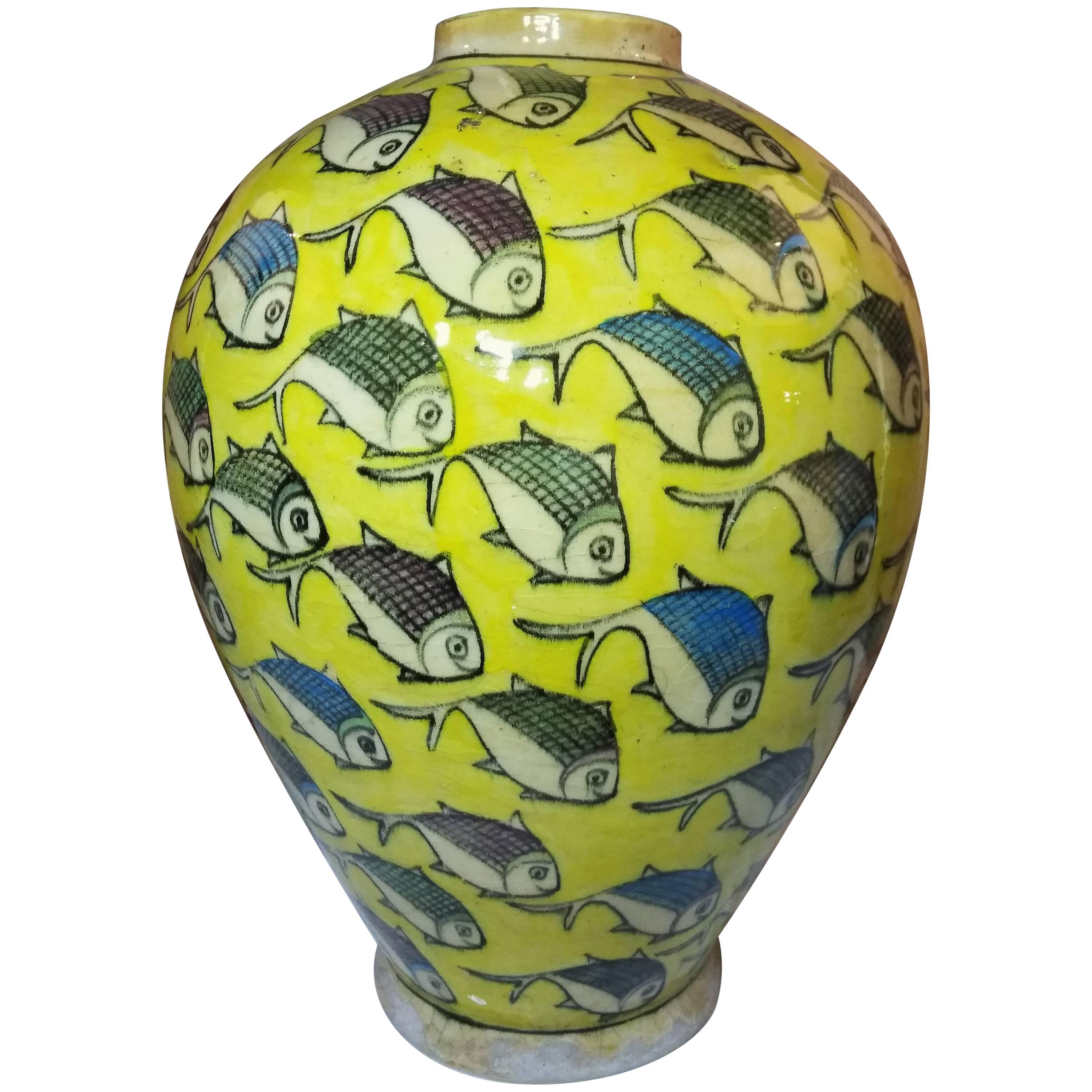 Vintage Yellow Persian Ceramic Fish Vase