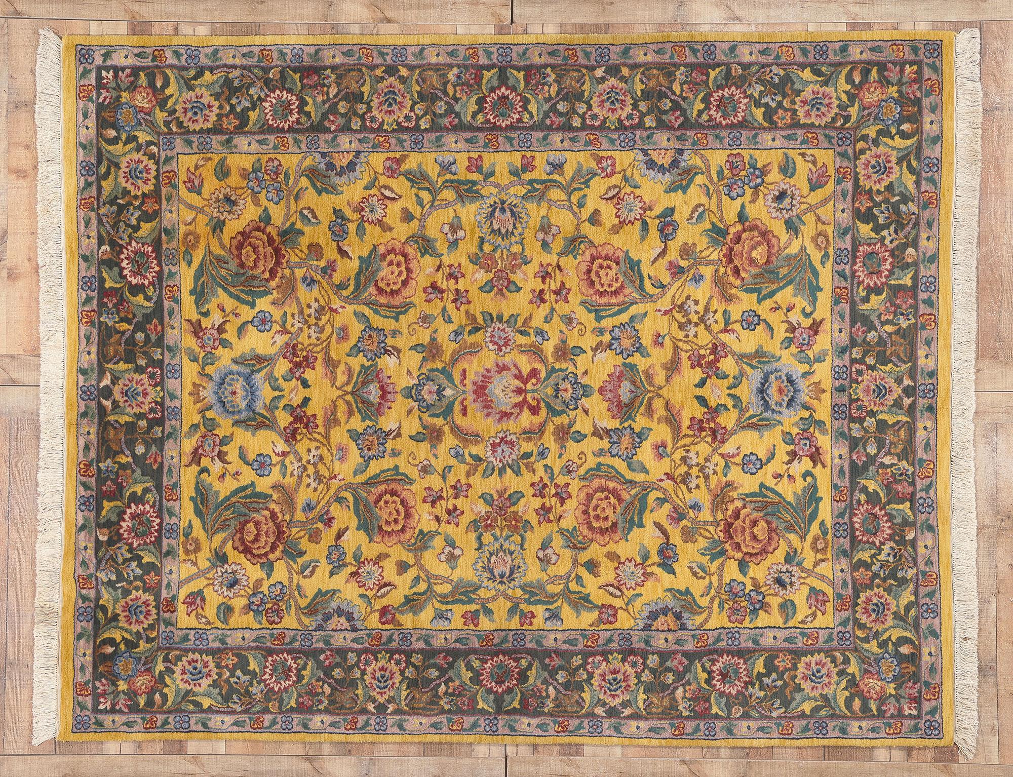 Wool Vintage Yellow Indian Tabriz Rug with English Country Cottage and Artisan Style For Sale