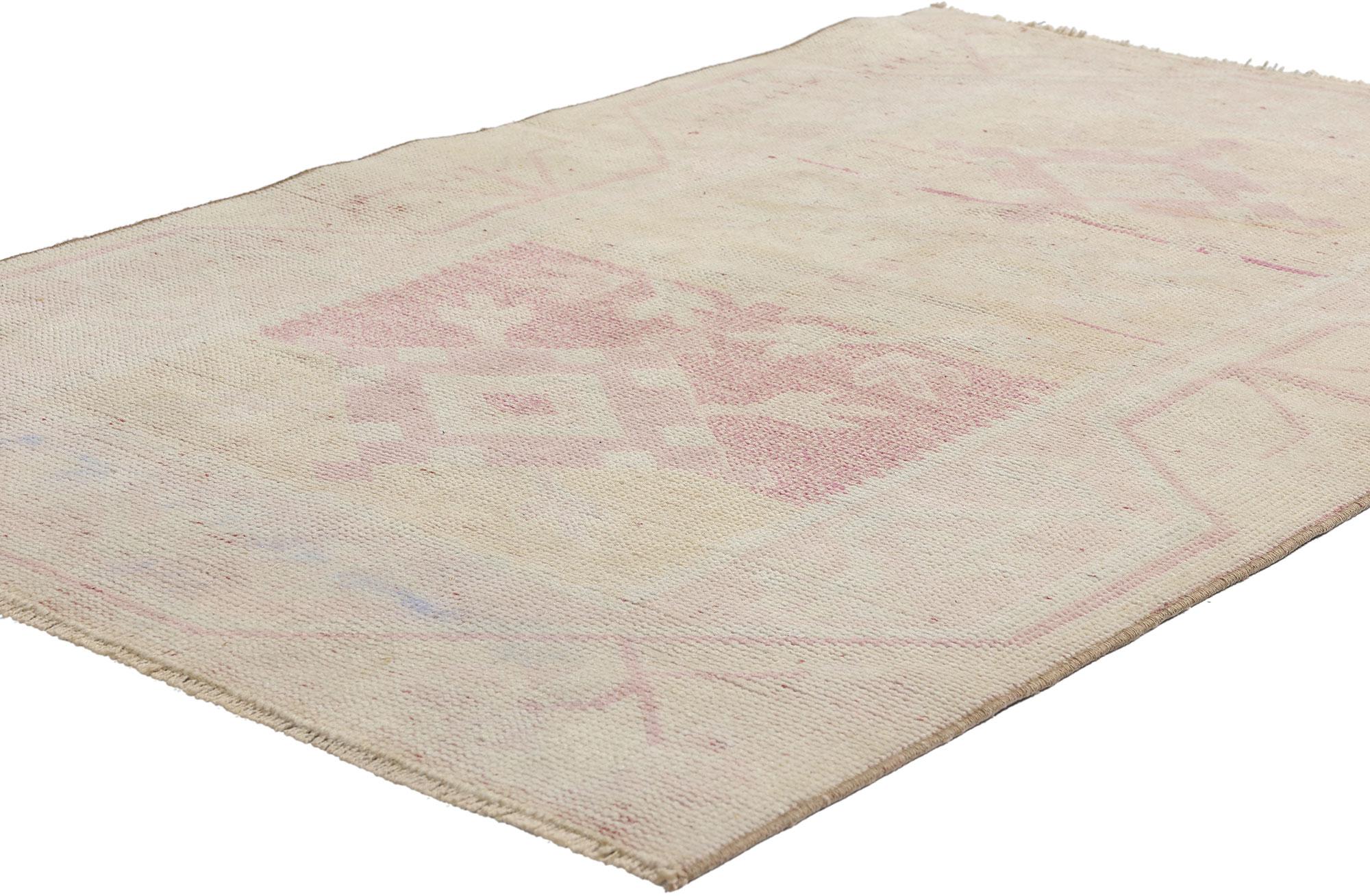 53932 Vintage Pastel Turkish Oushak Rug, 02'08 x 04'03. Antique-washed Turkish Oushak rugs are a type of traditional rug that undergoes a special washing process to achieve an antique or vintage appearance with soft colors. The goal is to mimic the