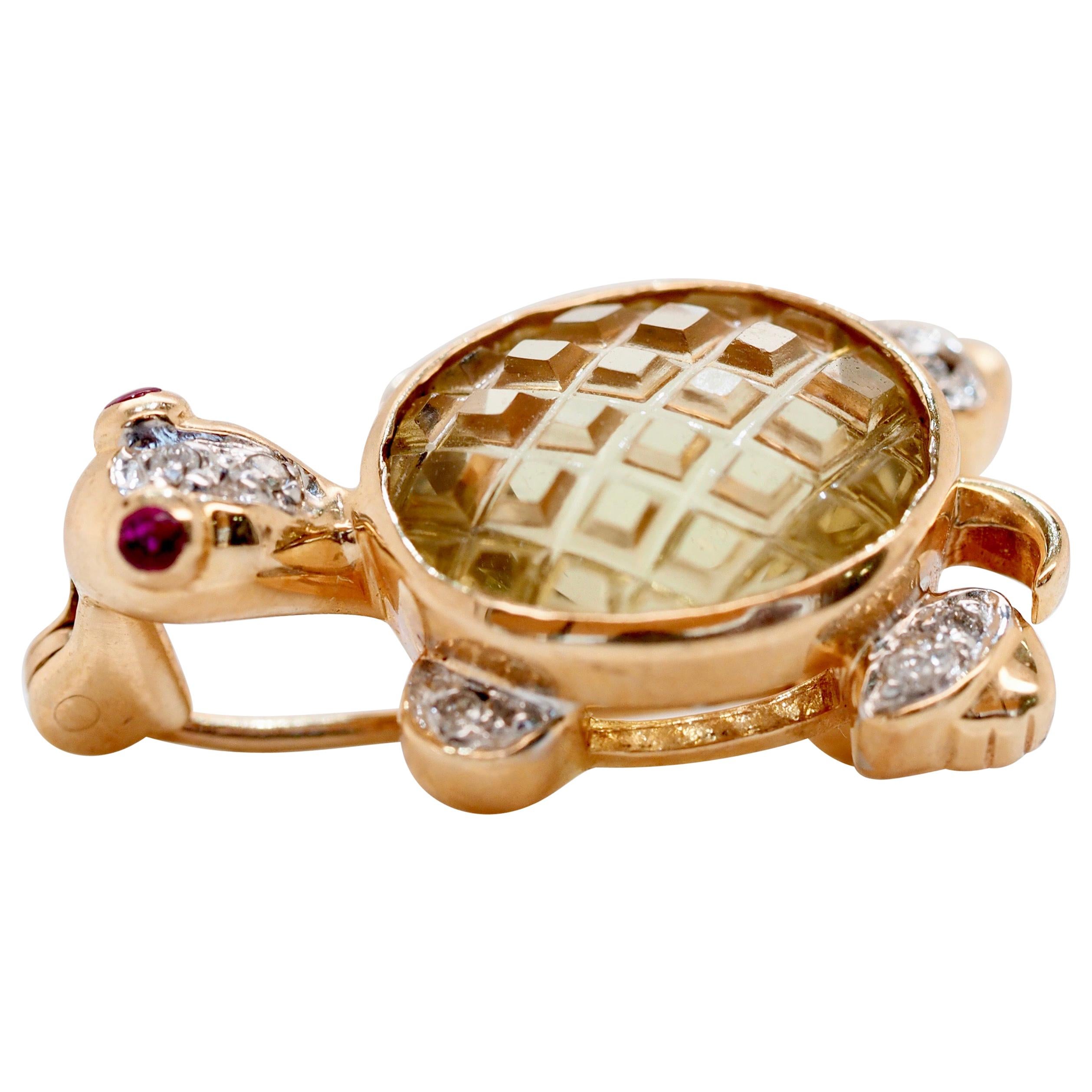 Vintage Yellow Quartz, Diamond, and Ruby Tortoise Brooch Set in 14 Karat Gold For Sale