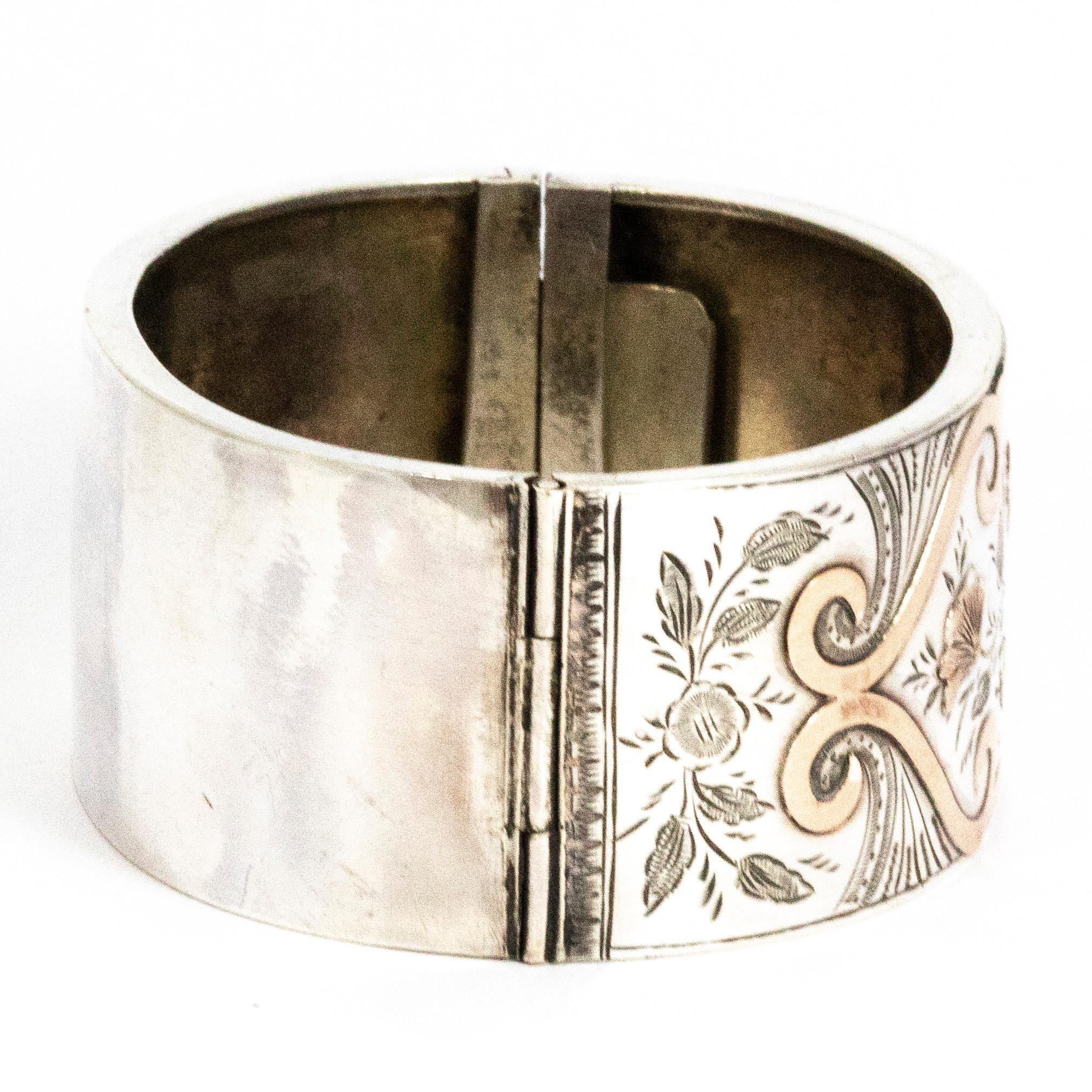 Edwardian Vintage Yellow, Rose and Silver Ornate Bangle For Sale