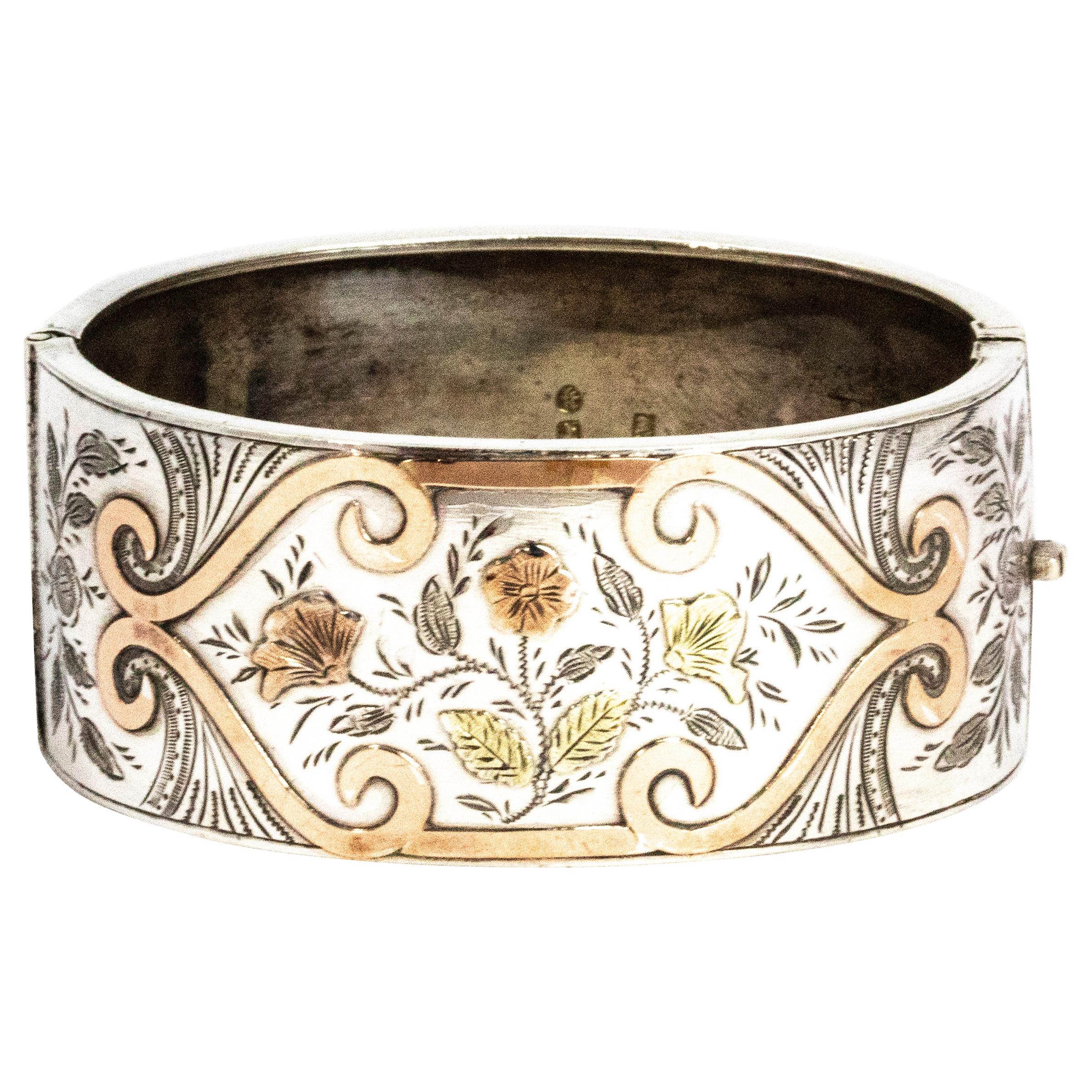 Vintage Yellow, Rose and Silver Ornate Bangle For Sale