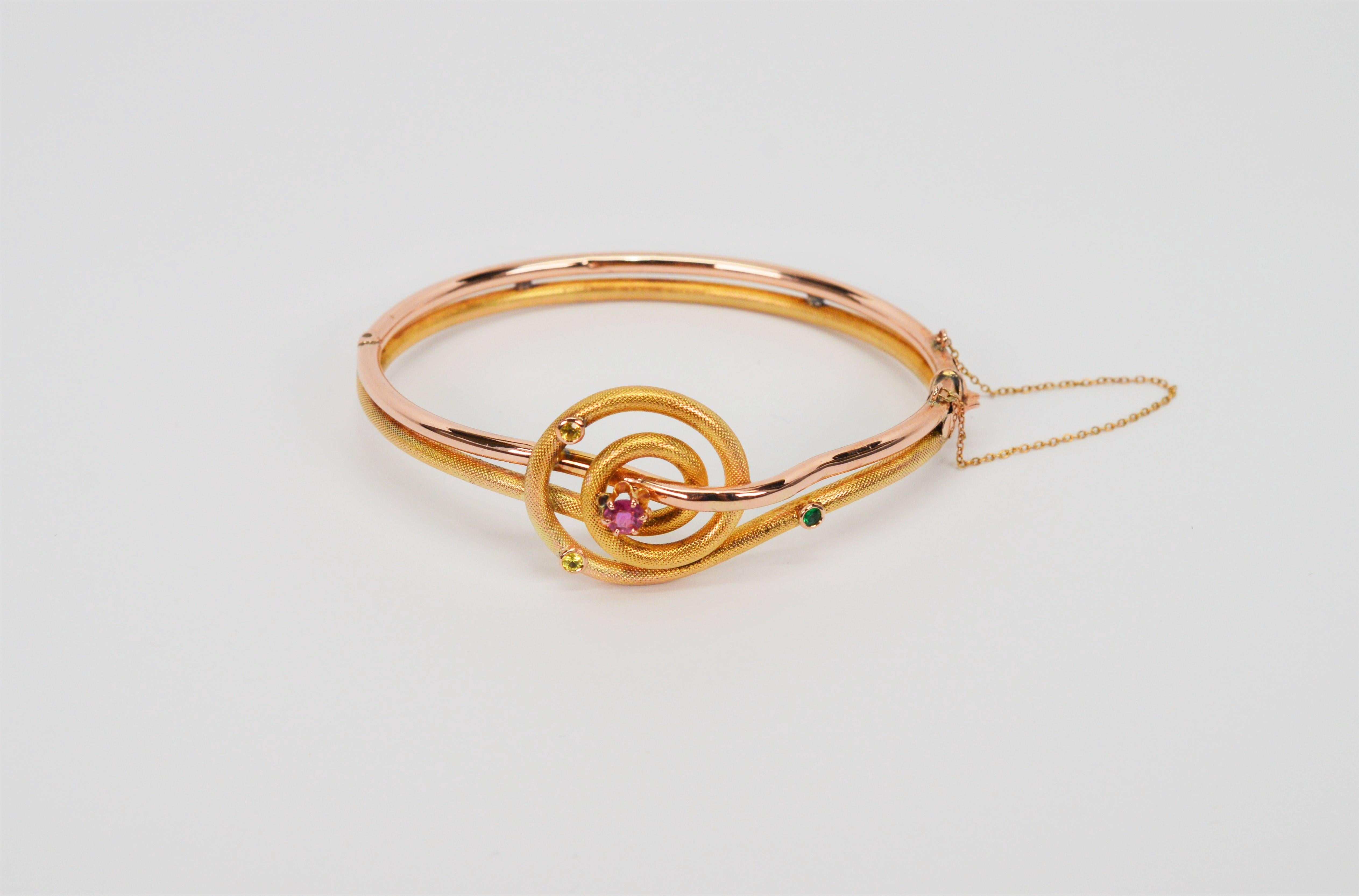 Round Cut Vintage Yellow Rose Gold Bangle Bracelet with Gemstone Accents  For Sale
