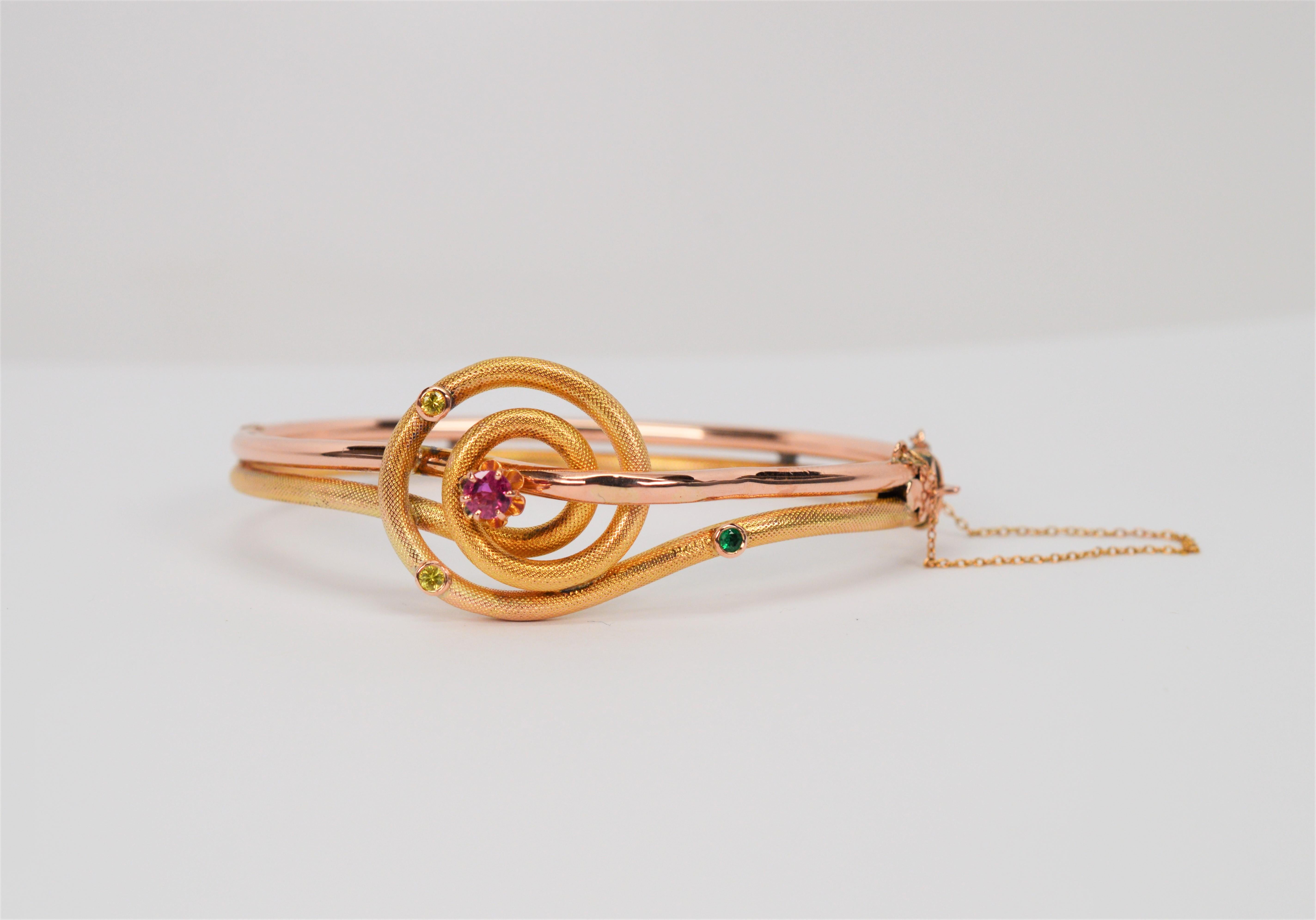 Women's Vintage Yellow Rose Gold Bangle Bracelet with Gemstone Accents  For Sale