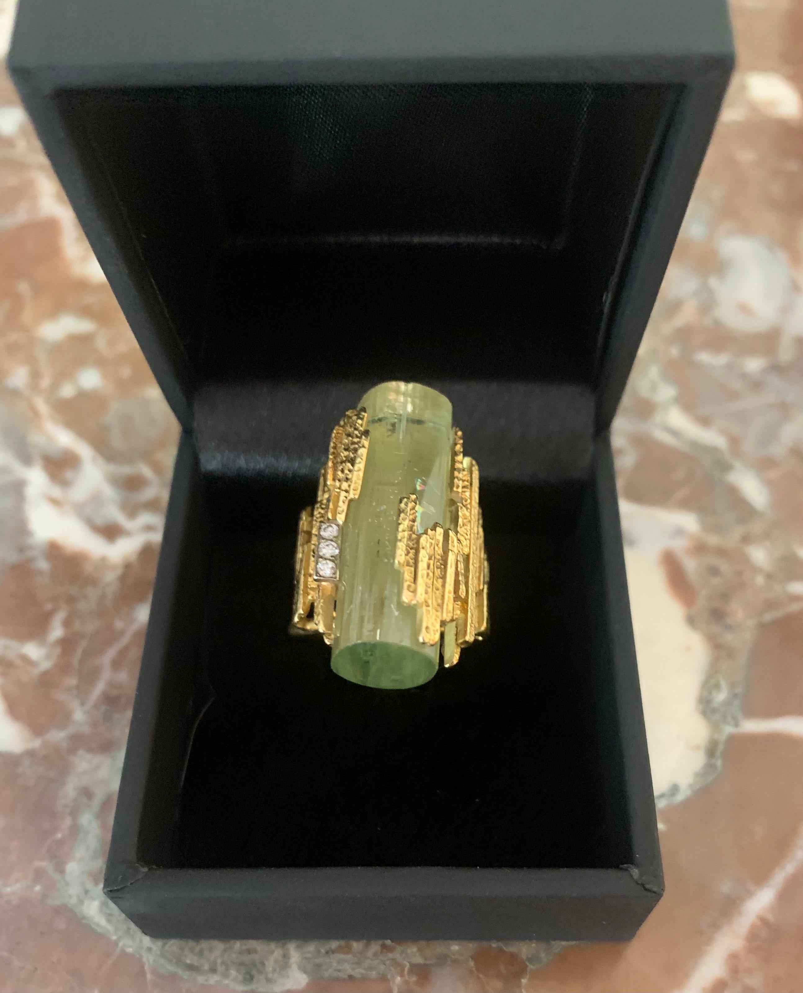 Vintage Yellow Rough Beryl Diamonds 18 Carats Yellow Gold Cocktail Ring In Good Condition In Paris, FR