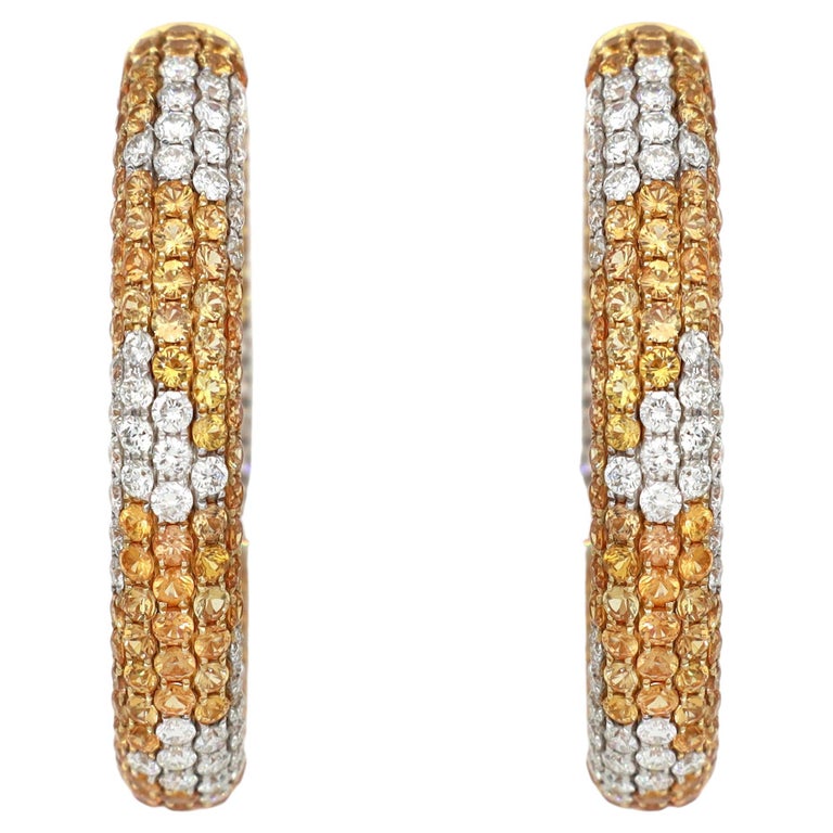 Vintage Yellow Sapphire and Diamond Hoop Earrings in 18kt Gold For Sale