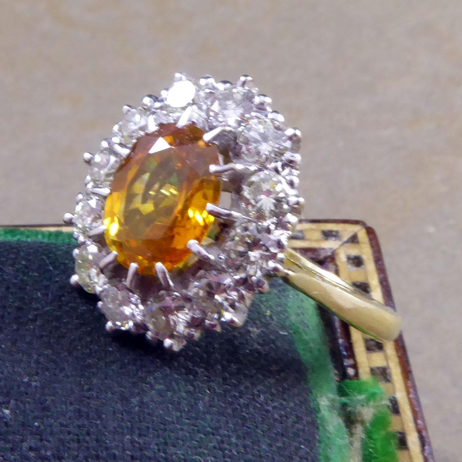 Modern Vintage Yellow Sapphire and Diamond Ring, Cluster Style Setting in 18ct Gold