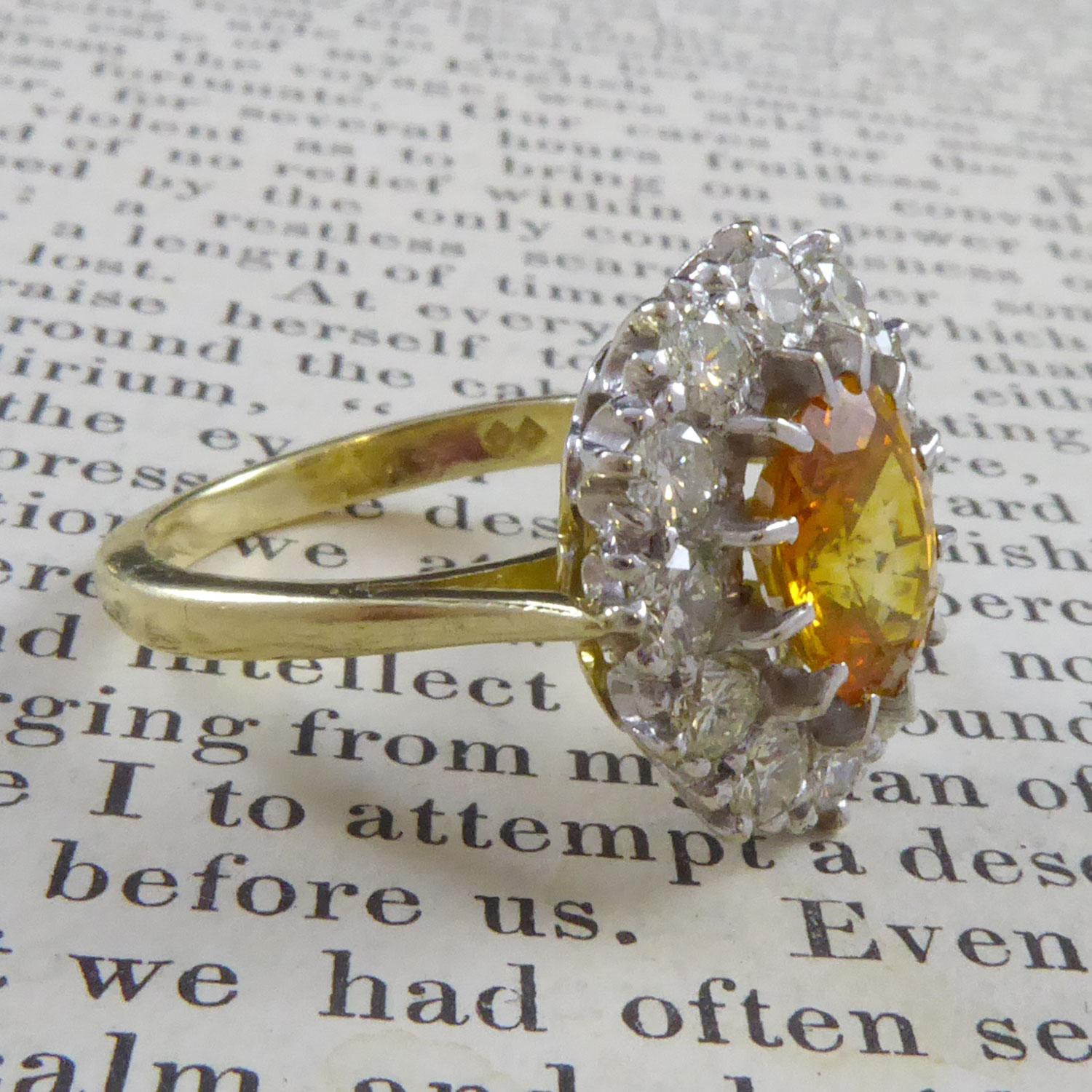 Oval Cut Vintage Yellow Sapphire and Diamond Ring, Cluster Style Setting in 18ct Gold