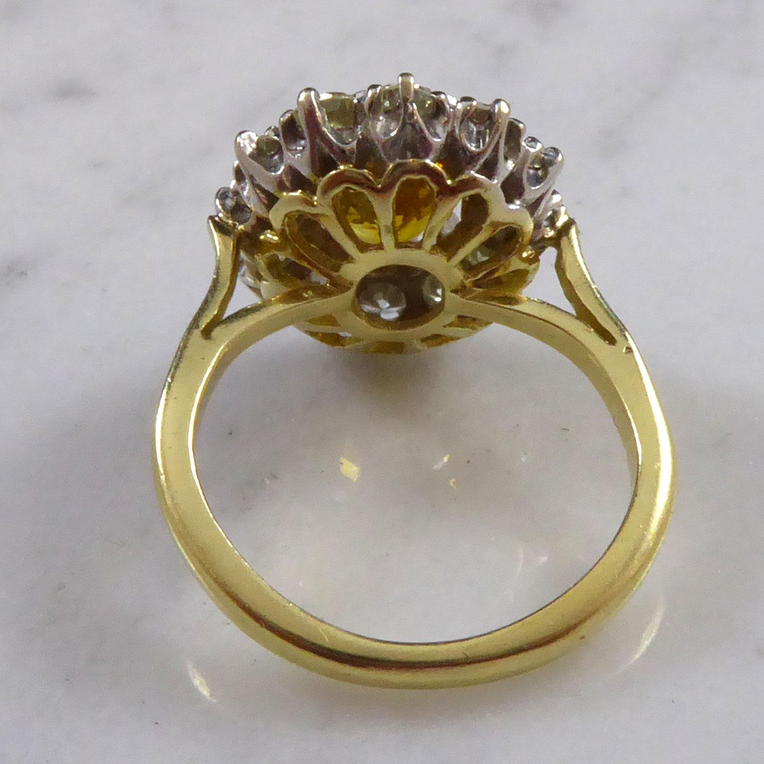 Women's Vintage Yellow Sapphire and Diamond Ring, Cluster Style Setting in 18ct Gold