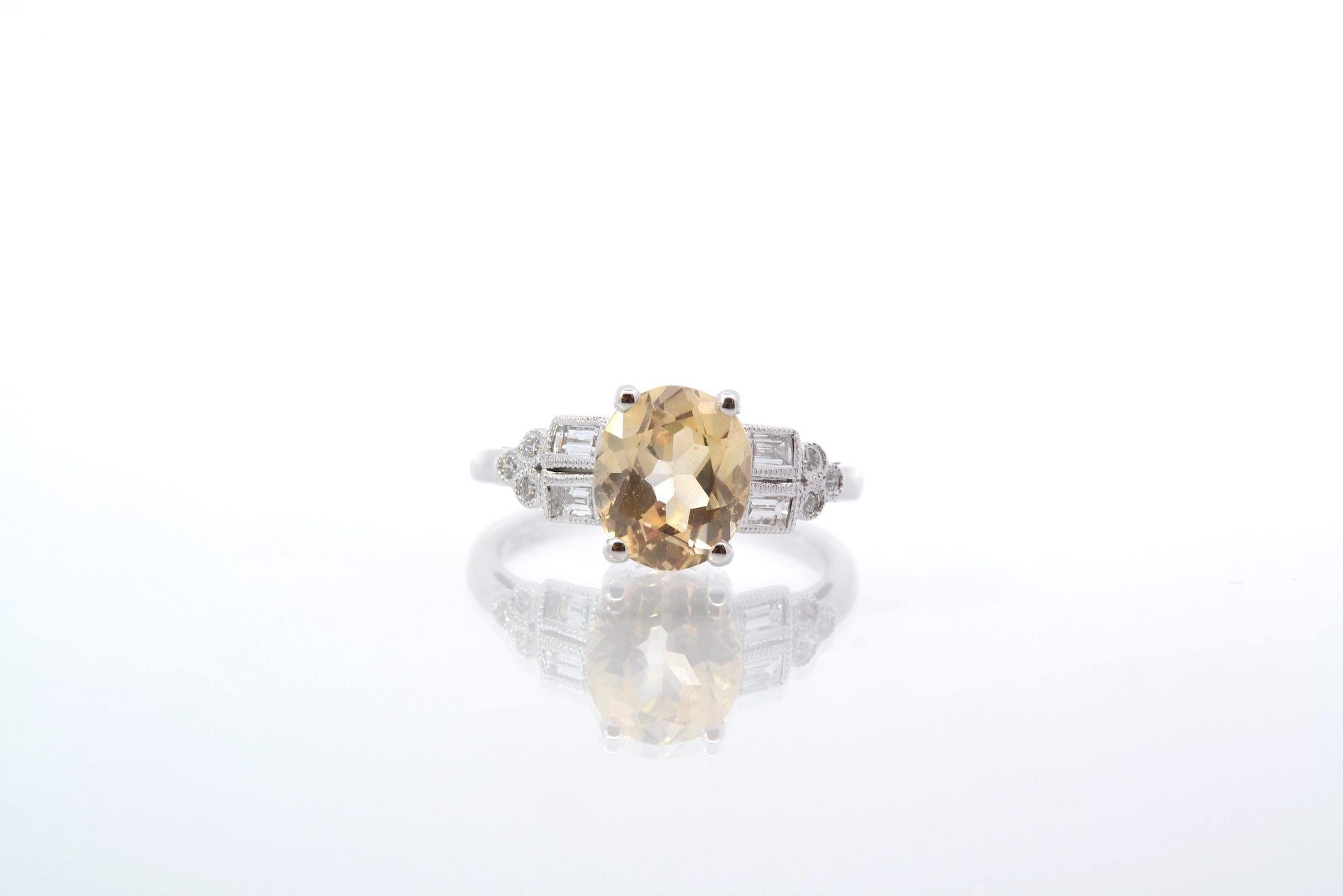 Stones: 1 yellow sapphire of 2.58cts, 4 baguette diamonds: 0.20ct, 6 diamonds: 0.06ct
Material: 18k white gold
Weight: 4g
Period: Recent
Size: 52 (free sizing)
Certificate
Ref. : 25430 25448