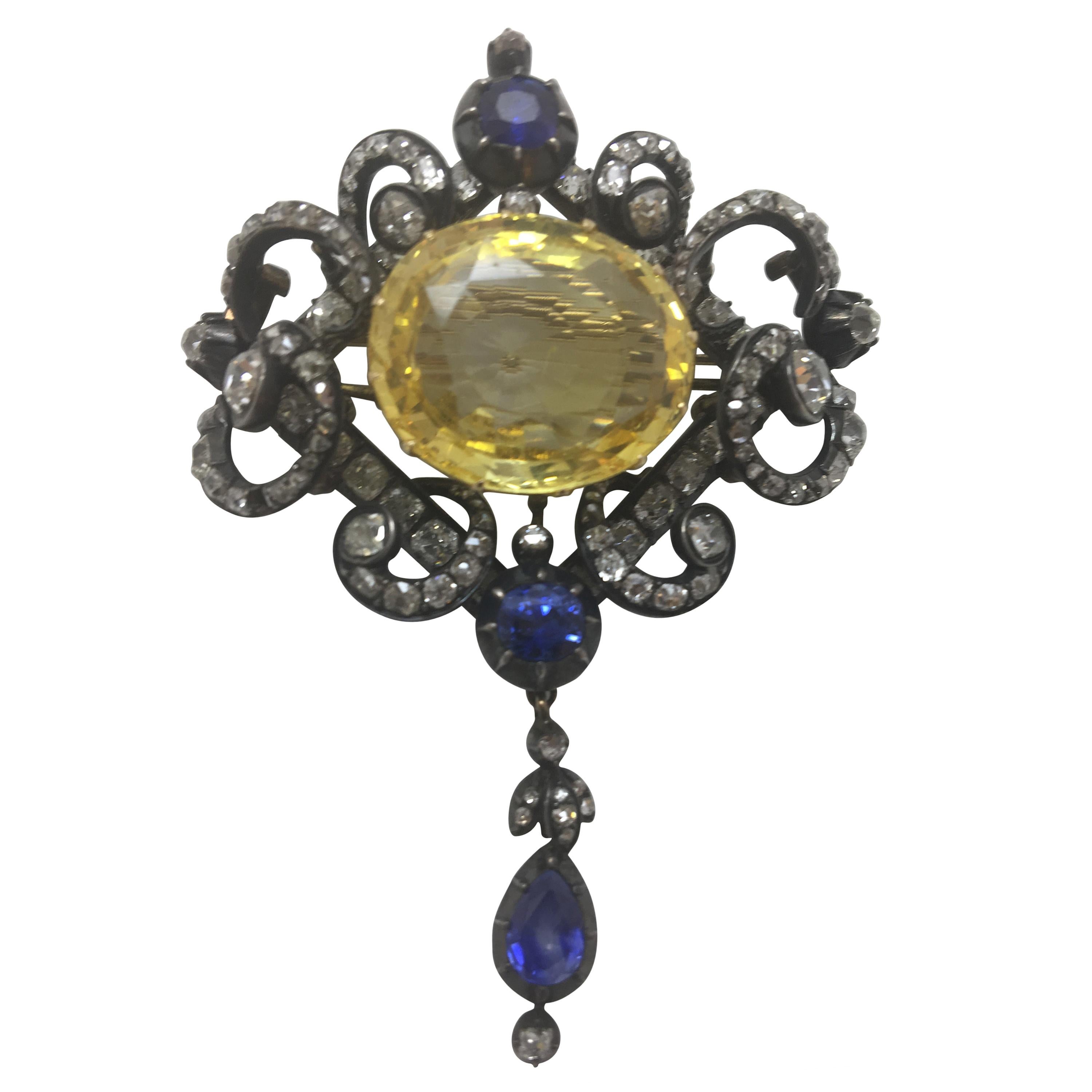 Vintage Yellow Sapphire, Blue Sapphire and Diamond Brooch or Pendant