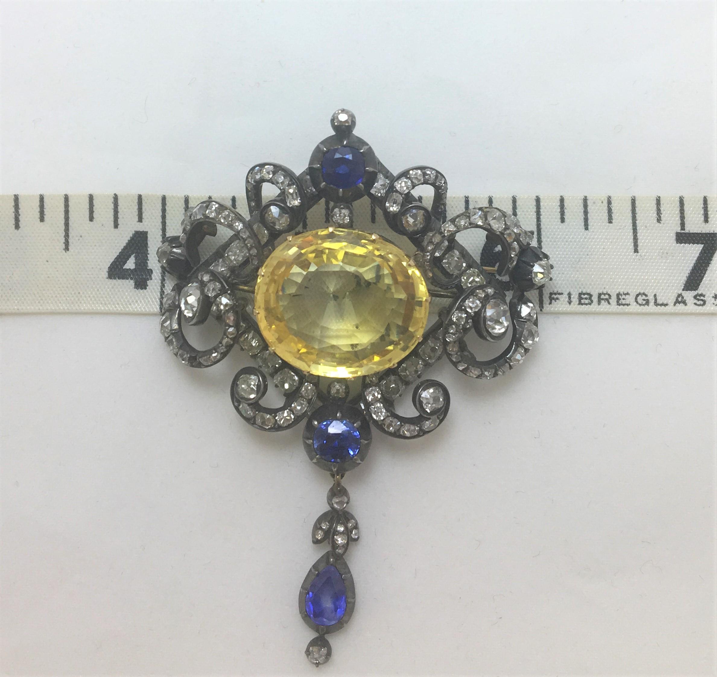 Art Deco Vintage Yellow Sapphire, Blue Sapphire and Diamond Brooch or Pendant