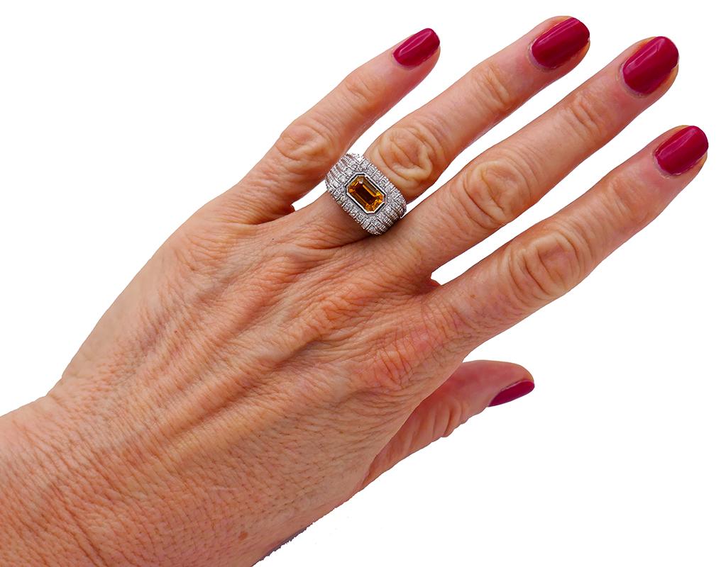 Anillo Vintage Zafiro Amarillo Diamante Oro Blanco 18k Italia Corte mixto en venta