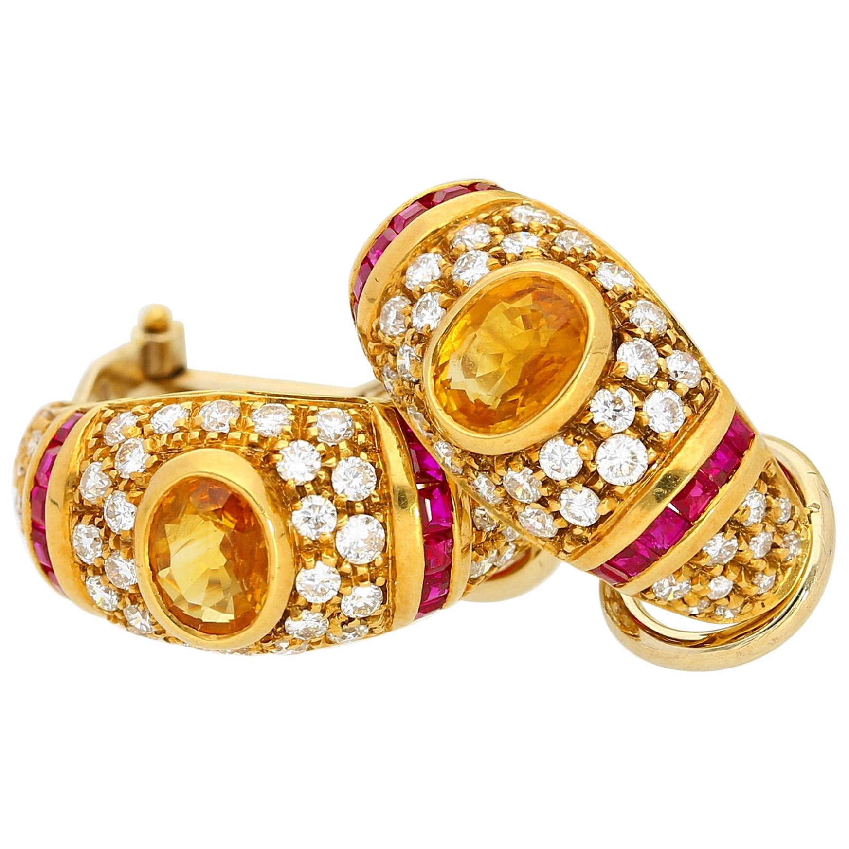 Vintage Yellow Sapphire, Ruby and Diamond Earrings For Sale