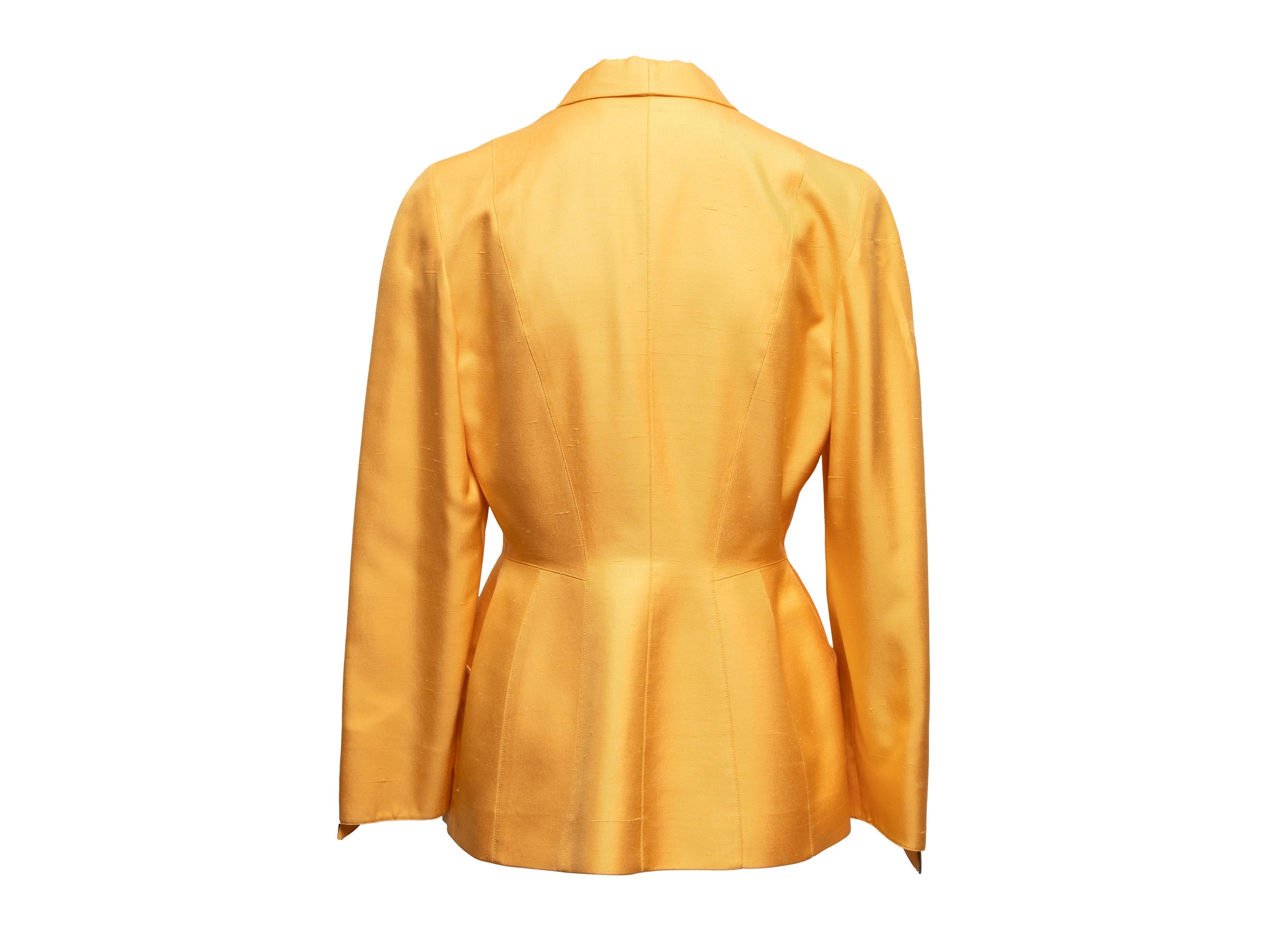 Vintage yellow silk blazer by Thierry Mugler. Circa 1988. Shawl collar. Dual hip pockets. Single front button closure. 35
