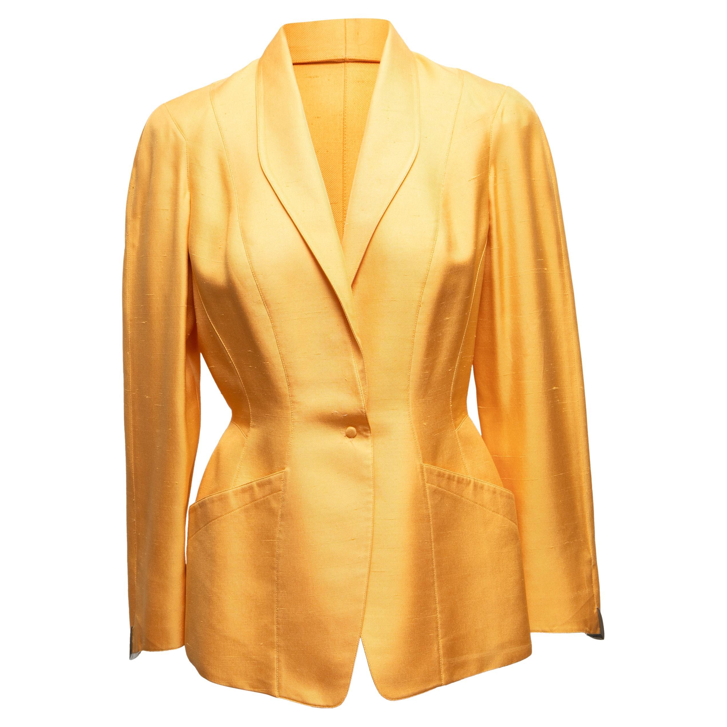 Vintage Yellow Thierry Mugler 1988 Silk Blazer Size FR 40 For Sale