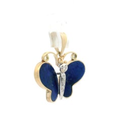 Vintage Yellow & White Gold Lapis w/ Diamond Accents Butterfly Charm Pendant