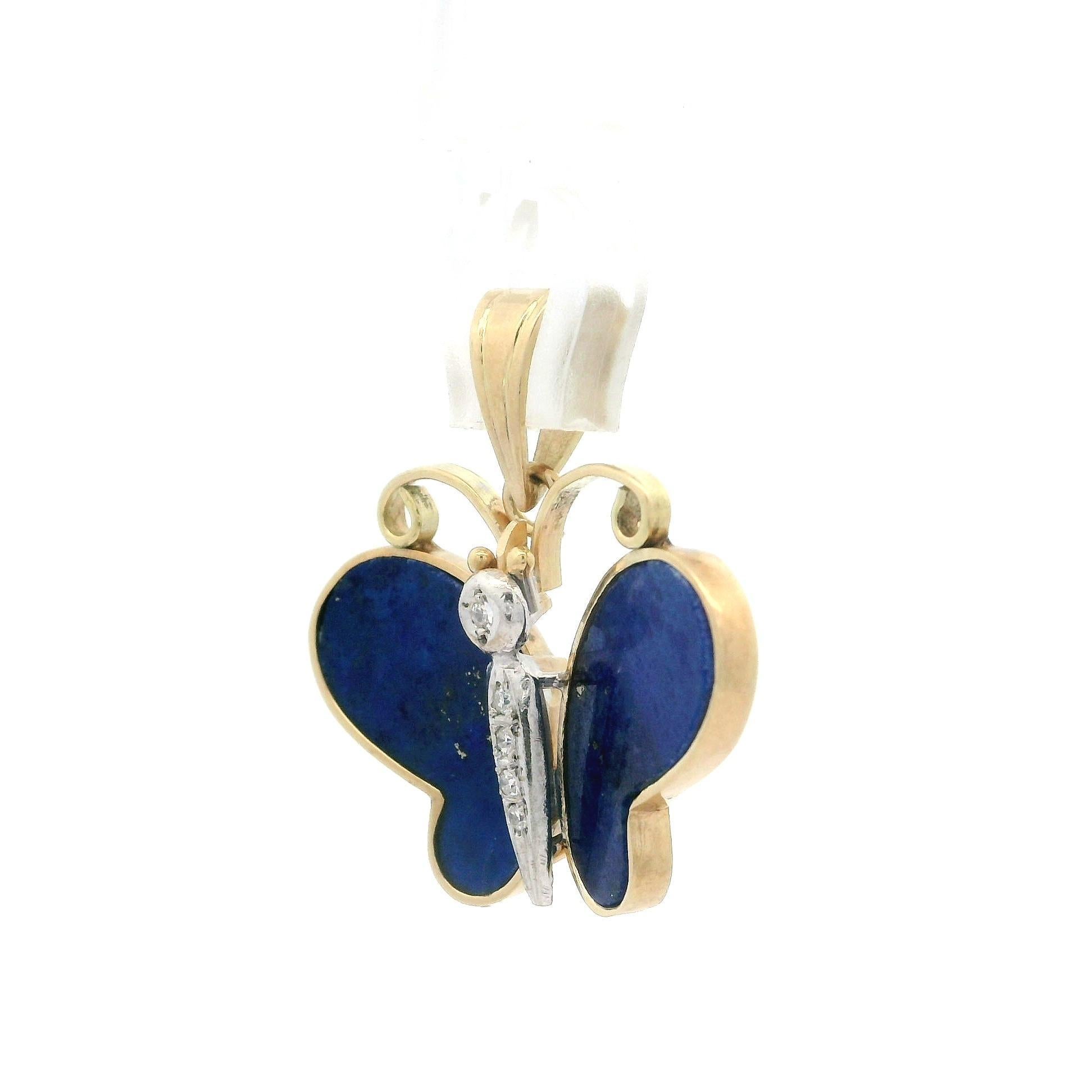 Vintage Gelb & Weiß Gold Lapis w / Diamant Akzente Schmetterling Charm Anhänger (Einfacher Schliff) im Angebot