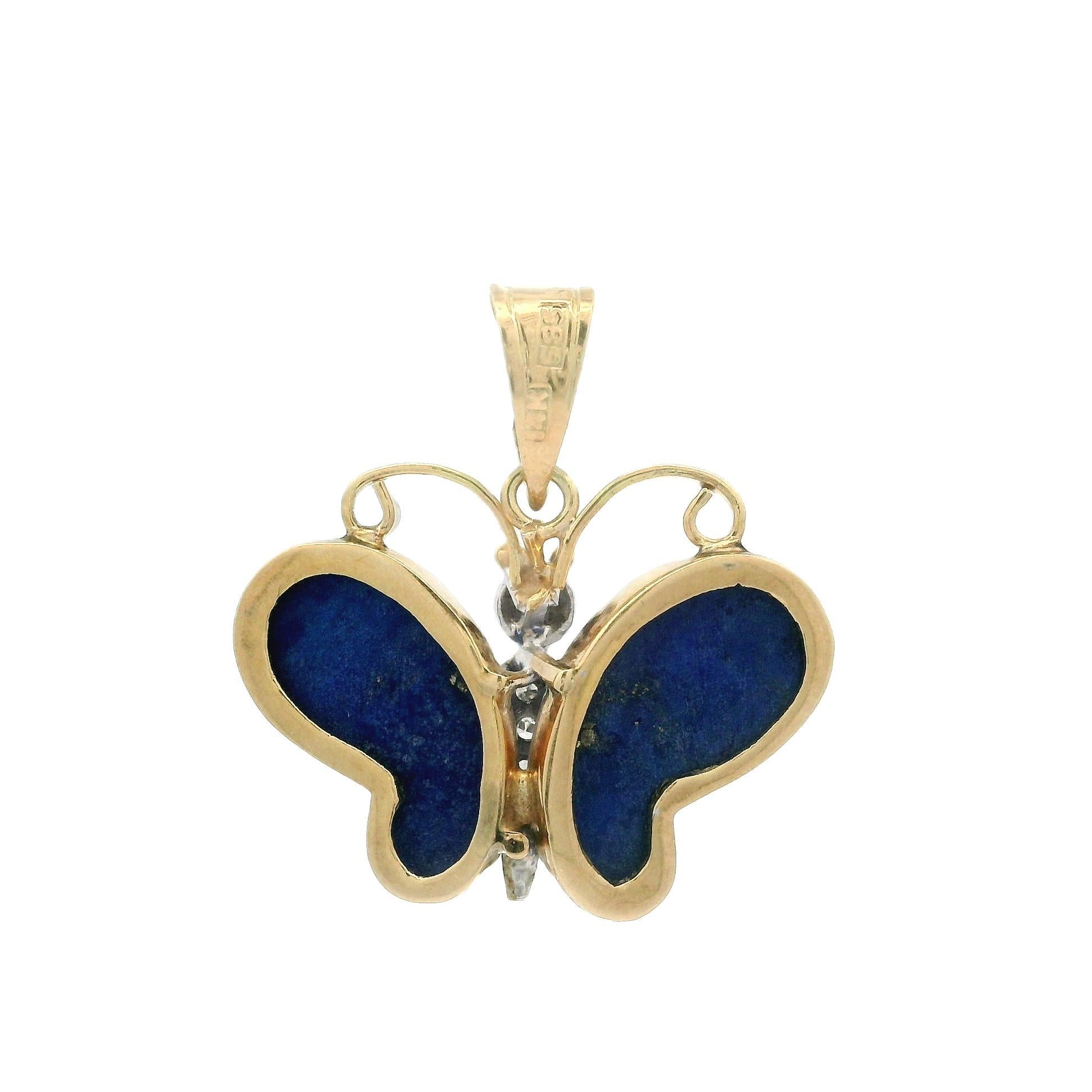 Vintage Gelb & Weiß Gold Lapis w / Diamant Akzente Schmetterling Charm Anhänger Damen im Angebot