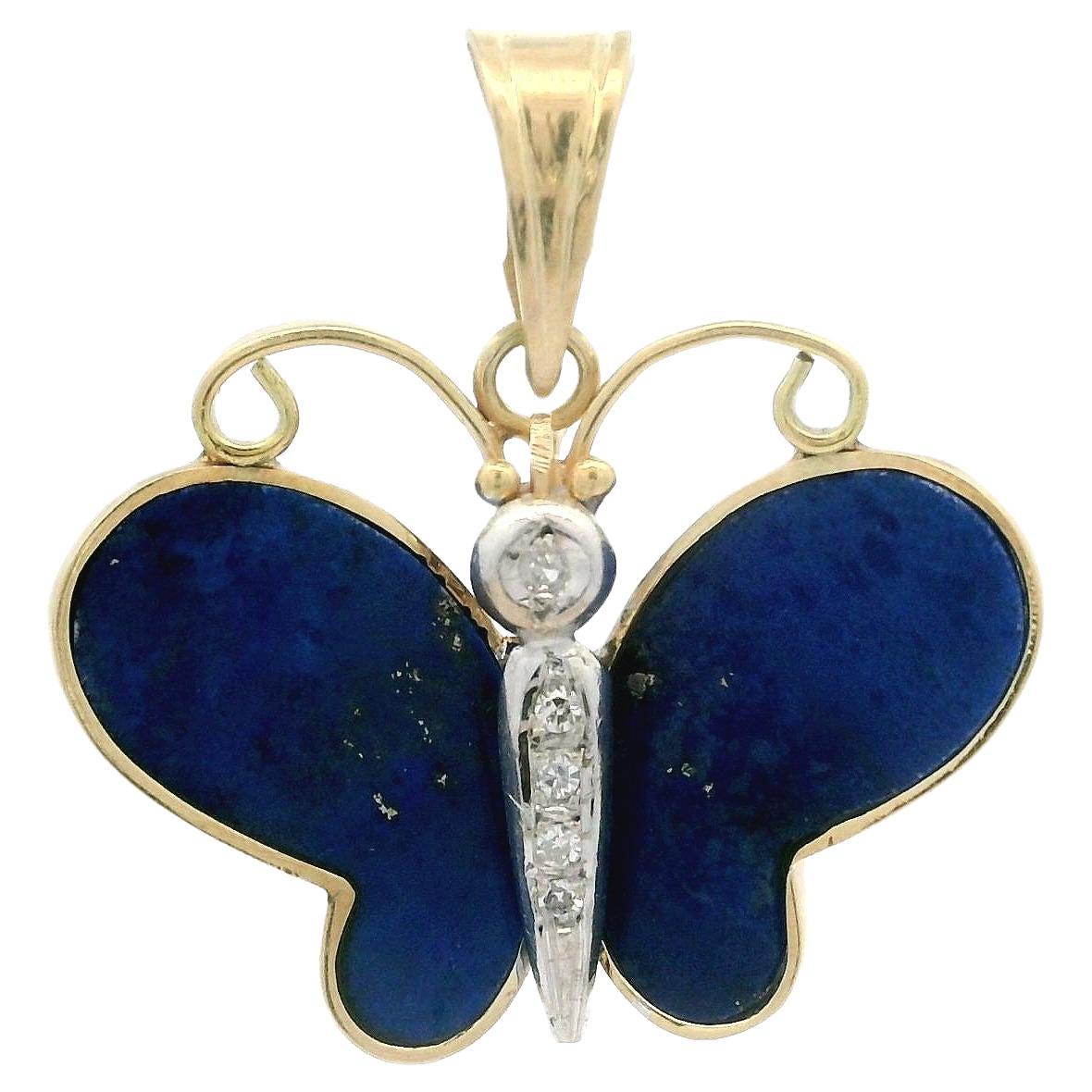 Vintage Gelb 
Weiß Gold Lapis w / Diamant Akzente Schmetterling Charm Anhänger im Angebot