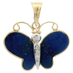 Vintage Yellow & White Gold Lapis w/ Diamond Accents Butterfly Charm Pendant