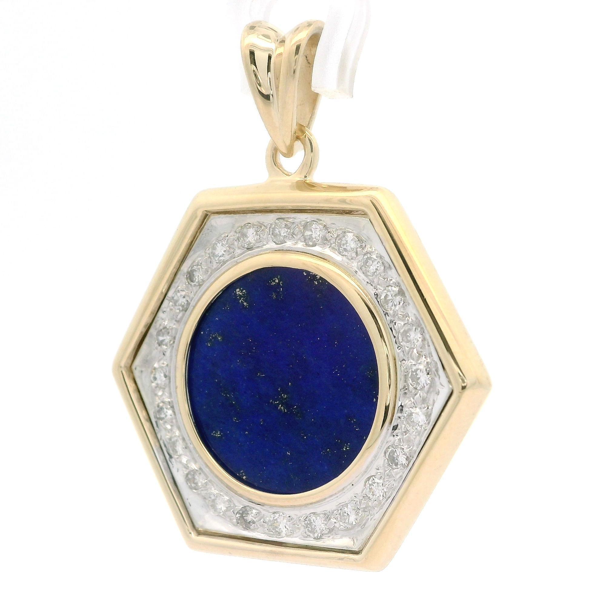 --Stone(s):--
(1) Natural Genuine Lapis Lazuli - Custom Cut - Round Flat Cabochon - Prong Set Bezel Style - Vivid Blue Color - 17.6mm (approx.)
(24) Natural Genuine Diamonds - Round Brilliant Cut - Pave Set - Nice White Color - 0.50ctw