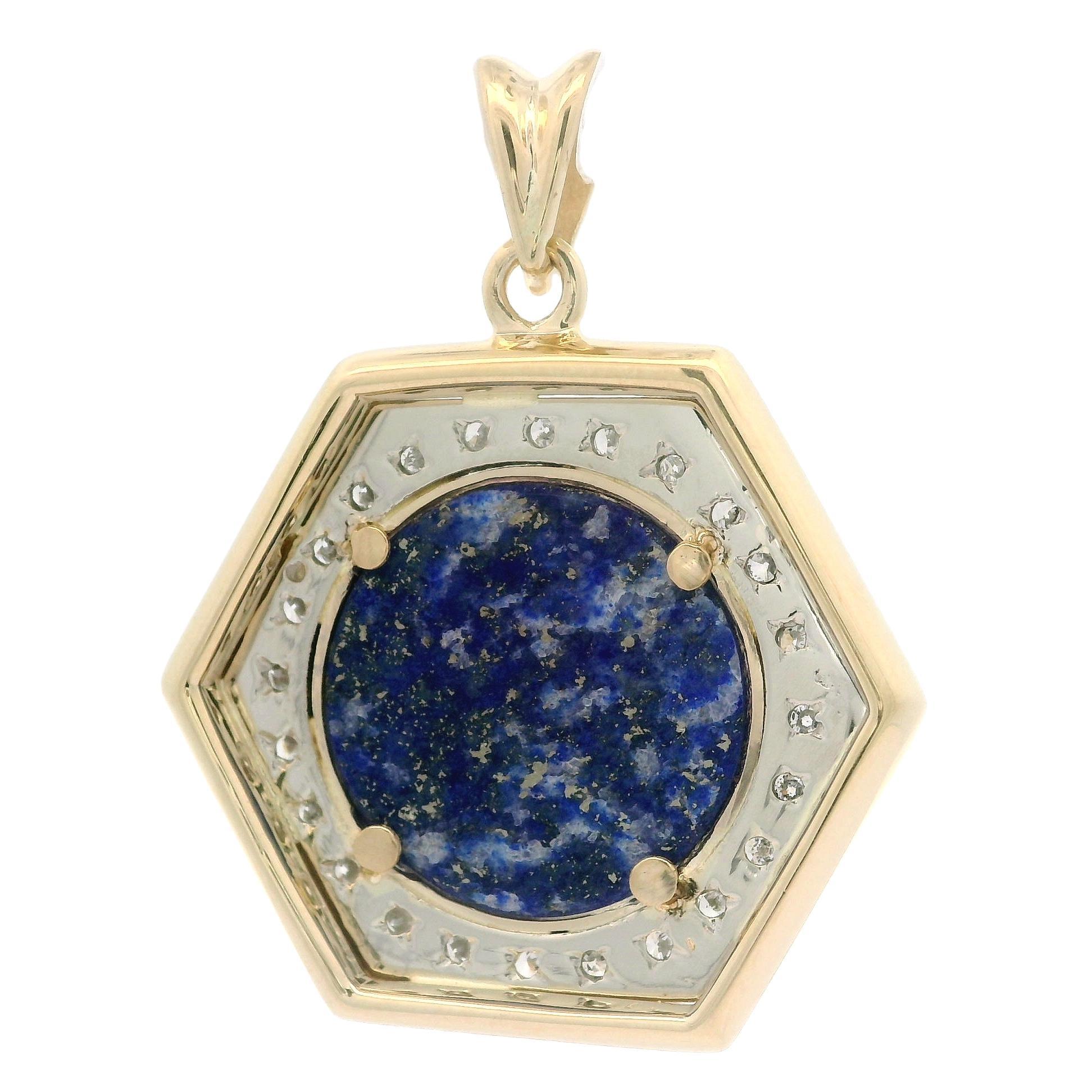 Cabochon Vintage Yellow & White Gold Round Lapis 0.50ctw Diamond Halo Hexagon Pendant For Sale