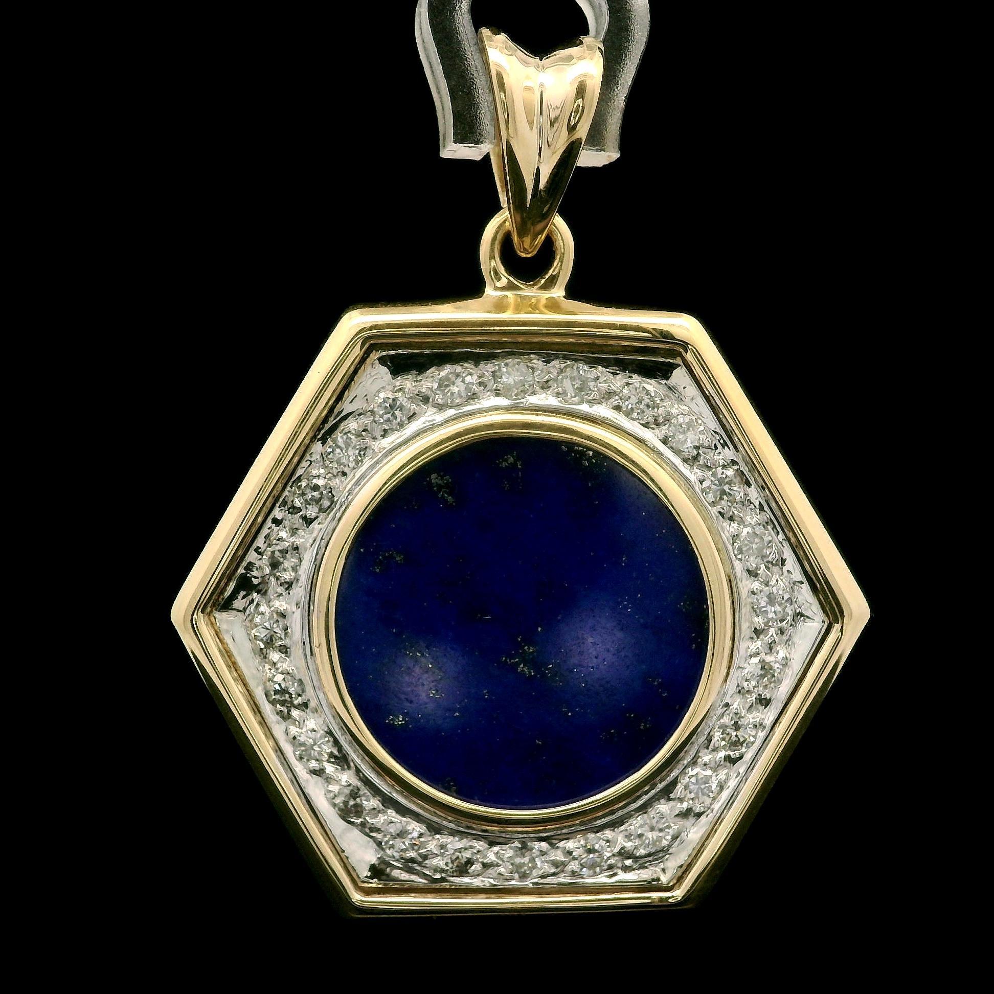 Vintage Yellow & White Gold Round Lapis 0.50ctw Diamond Halo Hexagon Pendant In Excellent Condition For Sale In Montclair, NJ