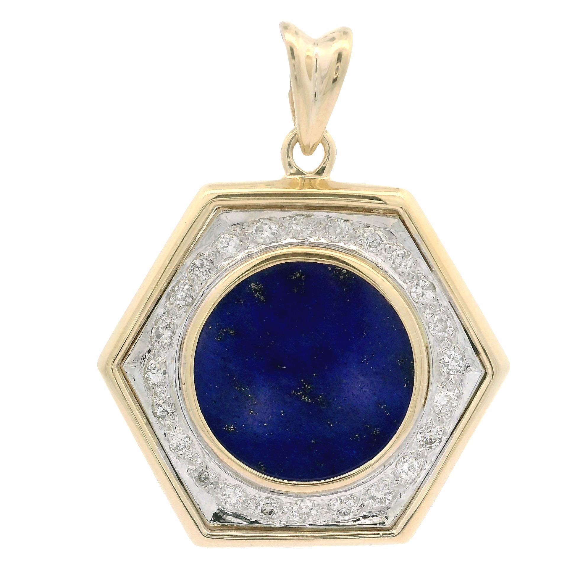 Women's Vintage Yellow & White Gold Round Lapis 0.50ctw Diamond Halo Hexagon Pendant For Sale