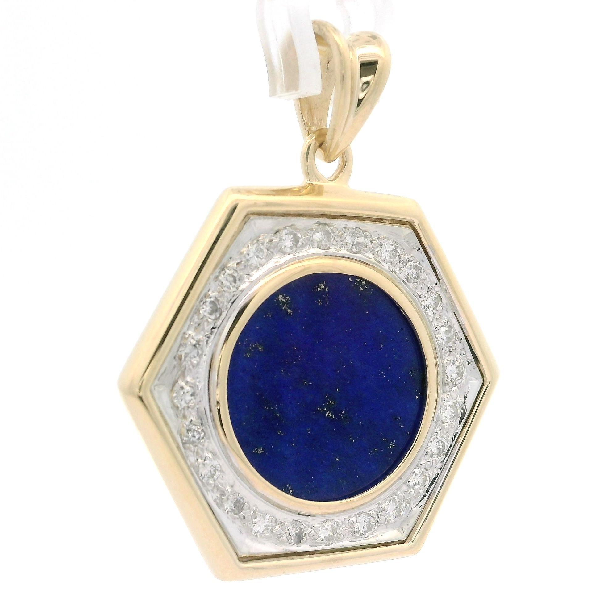 Vintage Yellow & White Gold Round Lapis 0.50ctw Diamond Halo Hexagon Pendant For Sale 1