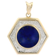 Vintage Yellow & White Gold Round Lapis 0.50ctw Diamond Halo Hexagon Pendant