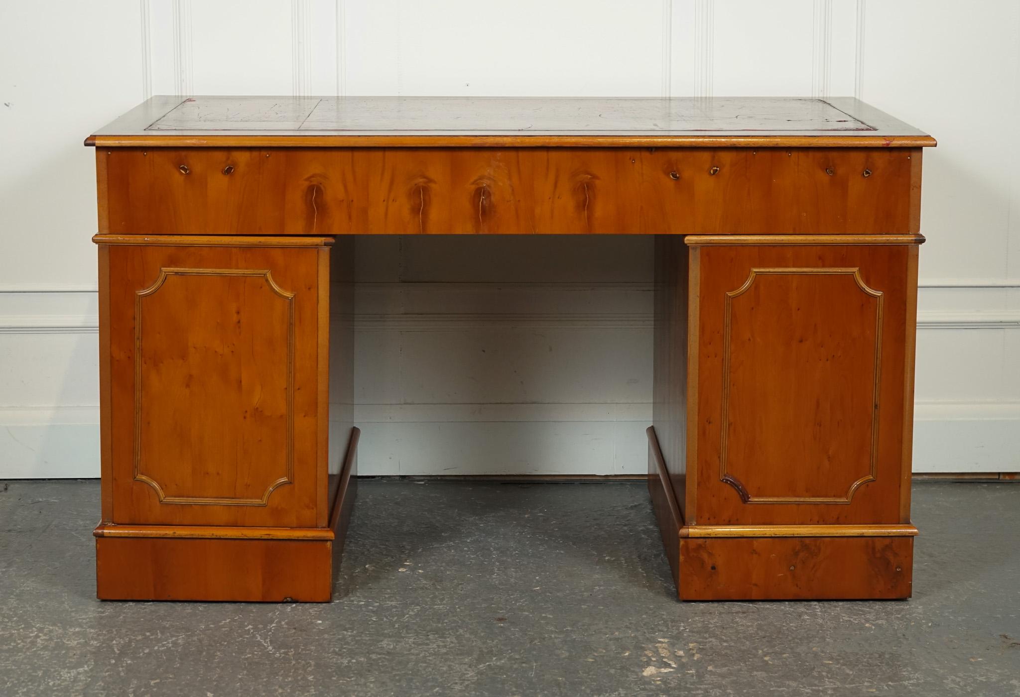 VINTAGE YEW TWIN PEDESTAL DESK WiTH BURGUNDY LEATHER TOP J1 For Sale 4