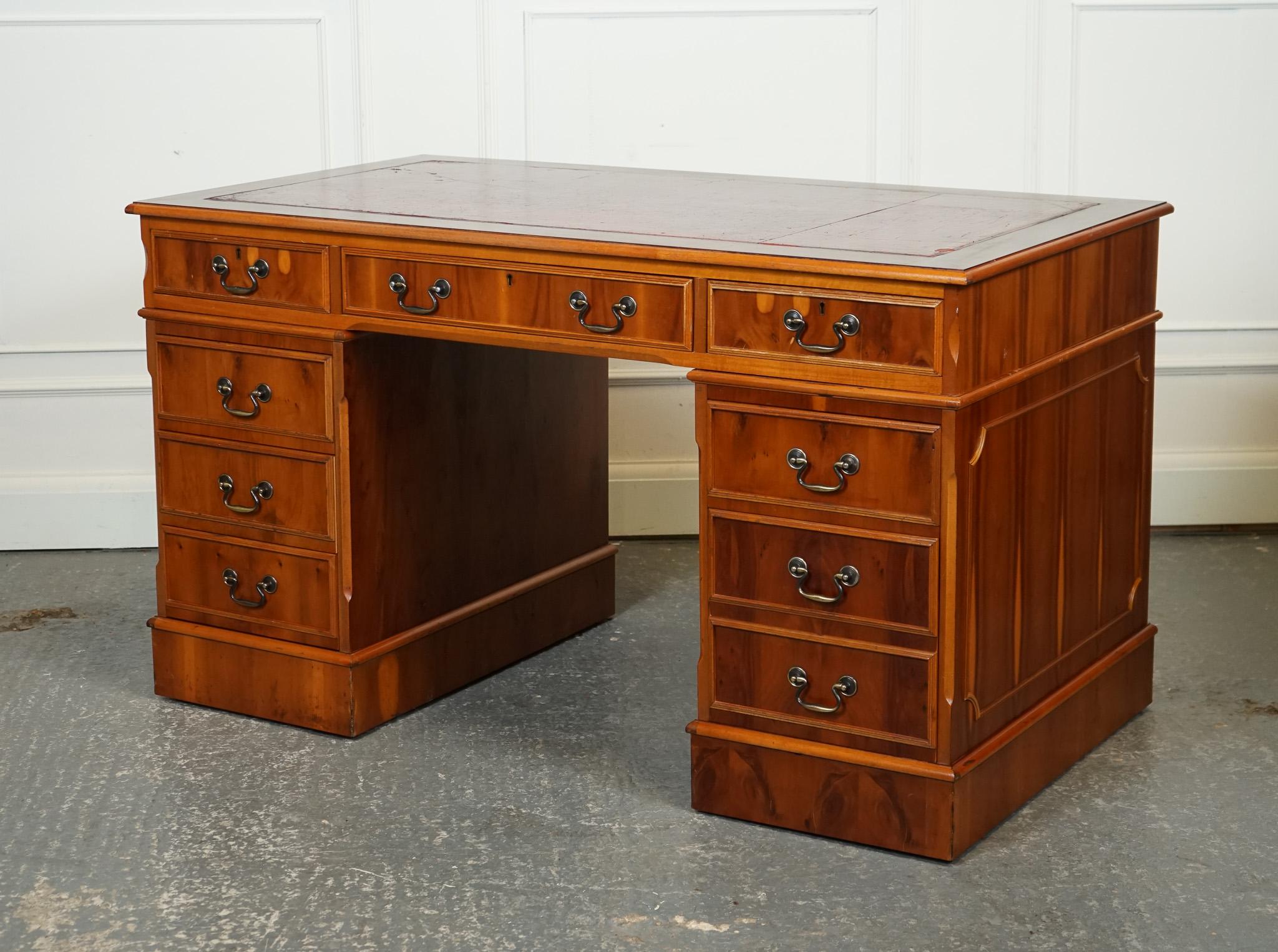 British VINTAGE YEW TWIN PEDESTAL DESK WiTH BURGUNDY LEATHER TOP J1 For Sale