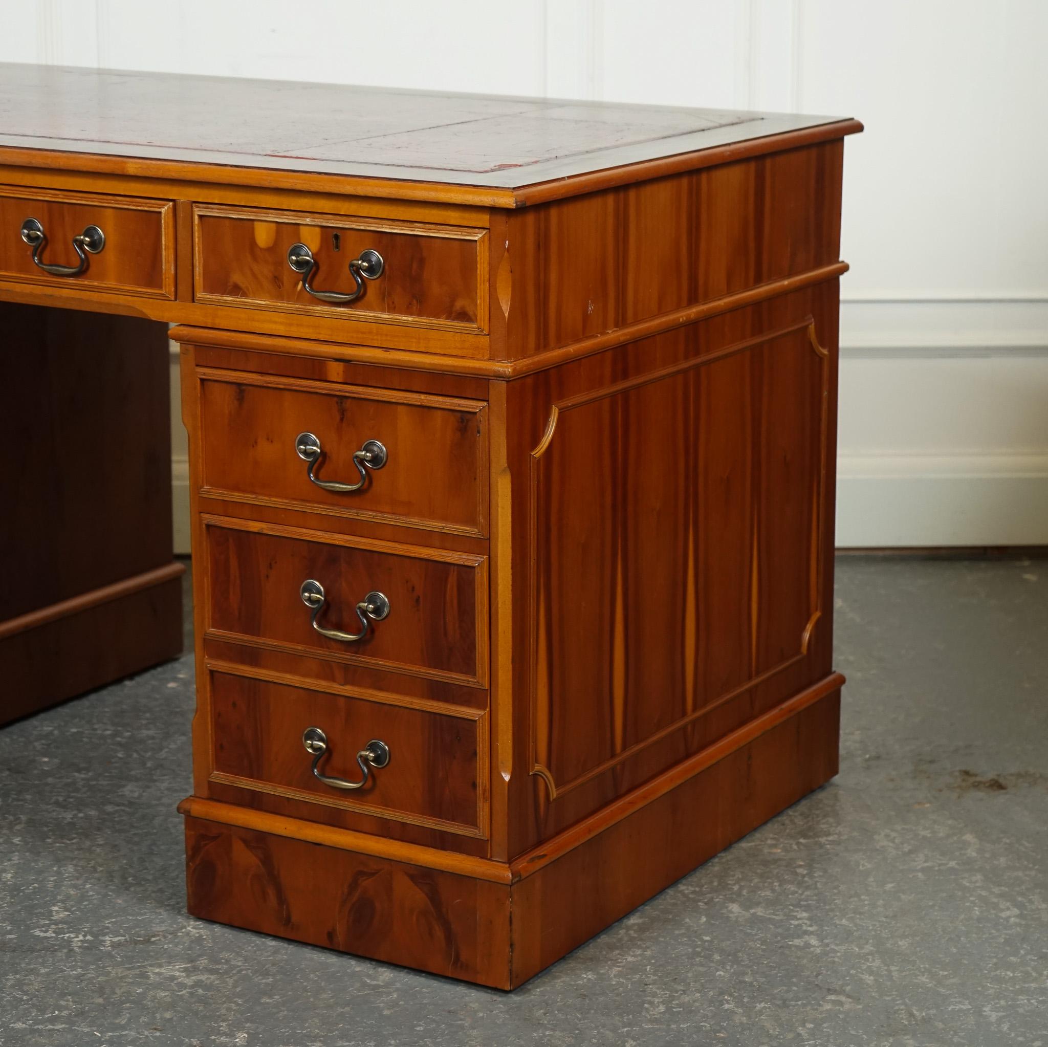 Hand-Crafted VINTAGE YEW TWIN PEDESTAL DESK WiTH BURGUNDY LEATHER TOP J1 For Sale