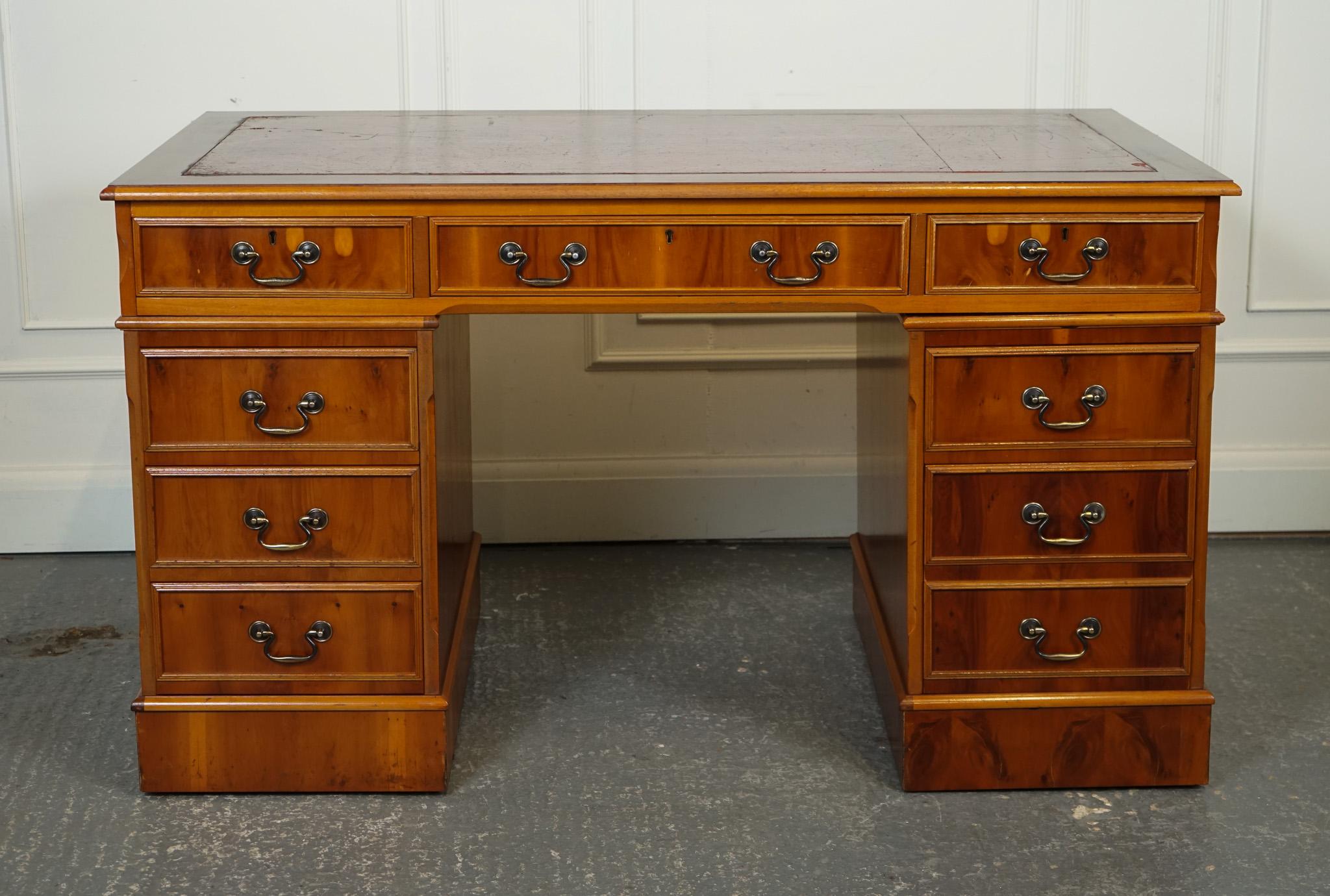 VINTAGE YEW TWIN PEDESTAL DESK WiTH BURGUNDY LEATHER TOP J1 In Good Condition For Sale In Pulborough, GB