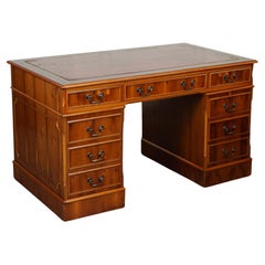 Used YEW TWIN PEDESTAL DESK WiTH BURGUNDY LEATHER TOP J1