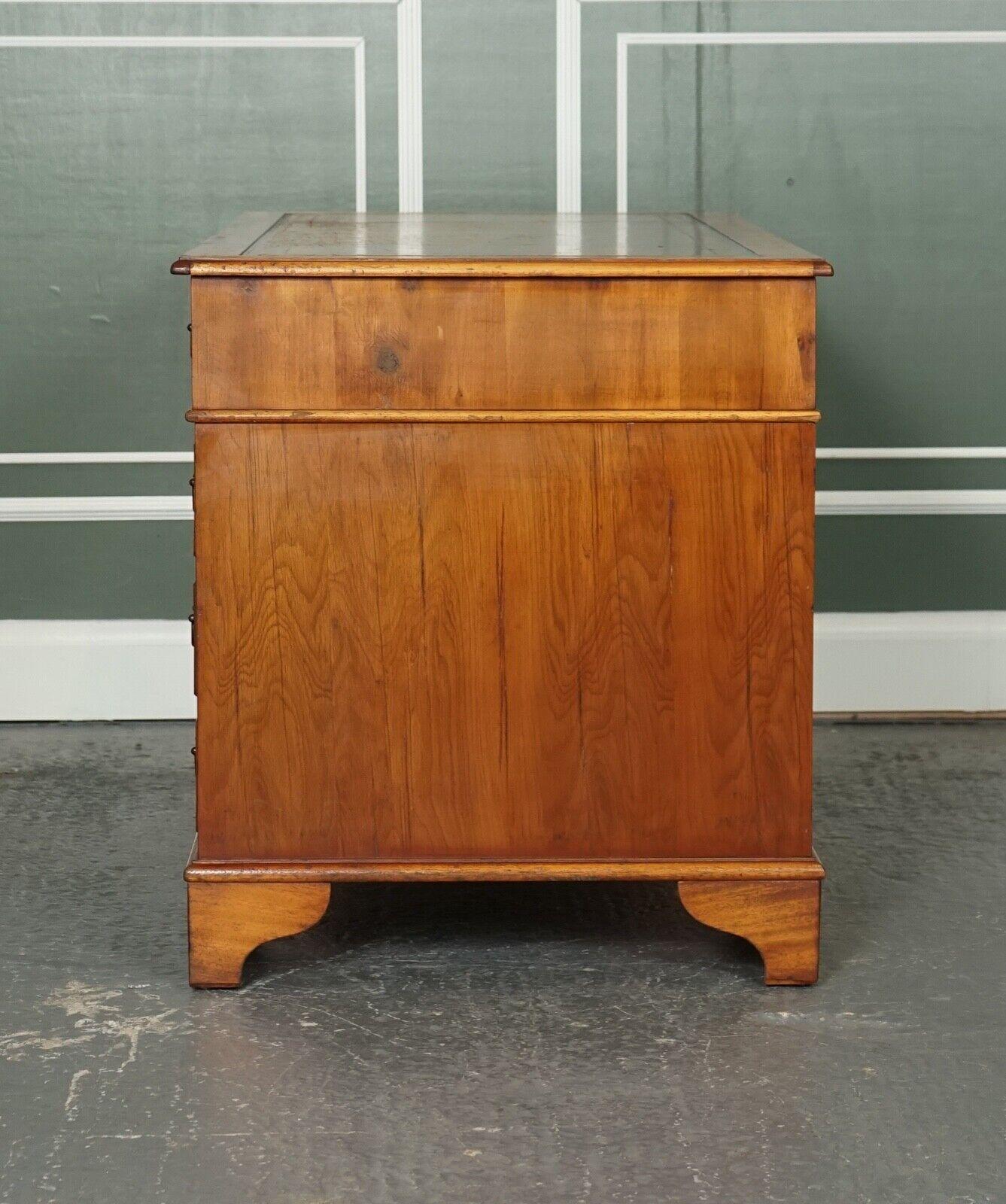 Vintage Yew Wood Brown Distracted Leather Embossed Top Pedestal Desk 5