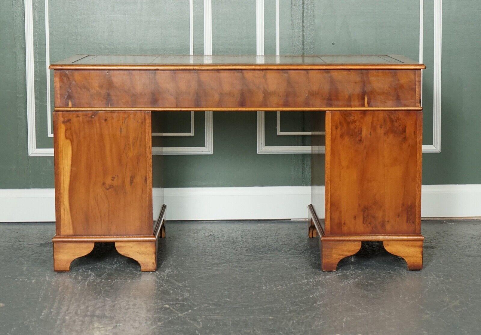 Vintage Yew Wood Brown Distracted Leather Embossed Top Pedestal Desk 6