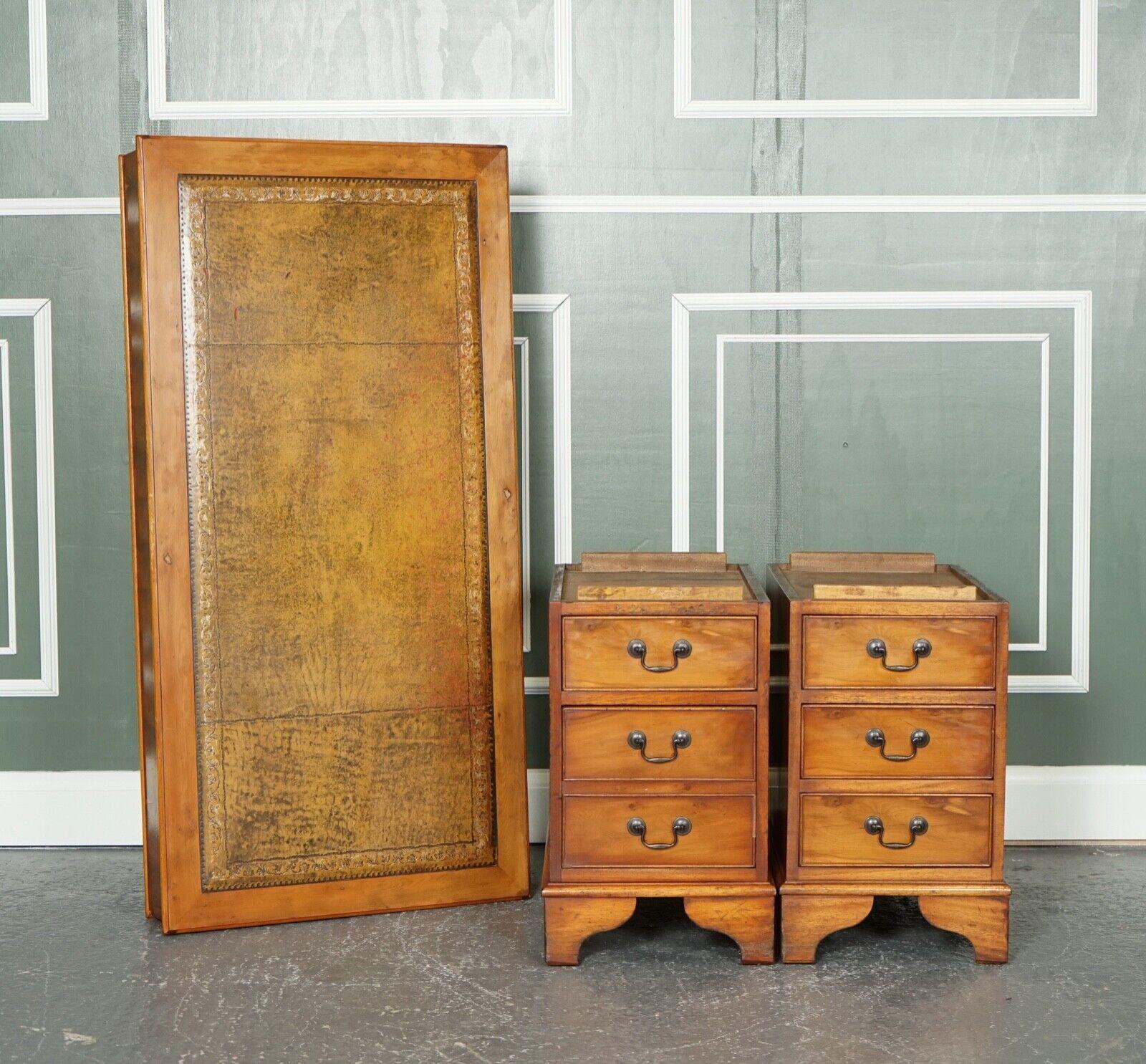 Vintage Yew Wood Brown Distracted Leather Embossed Top Pedestal Desk 7