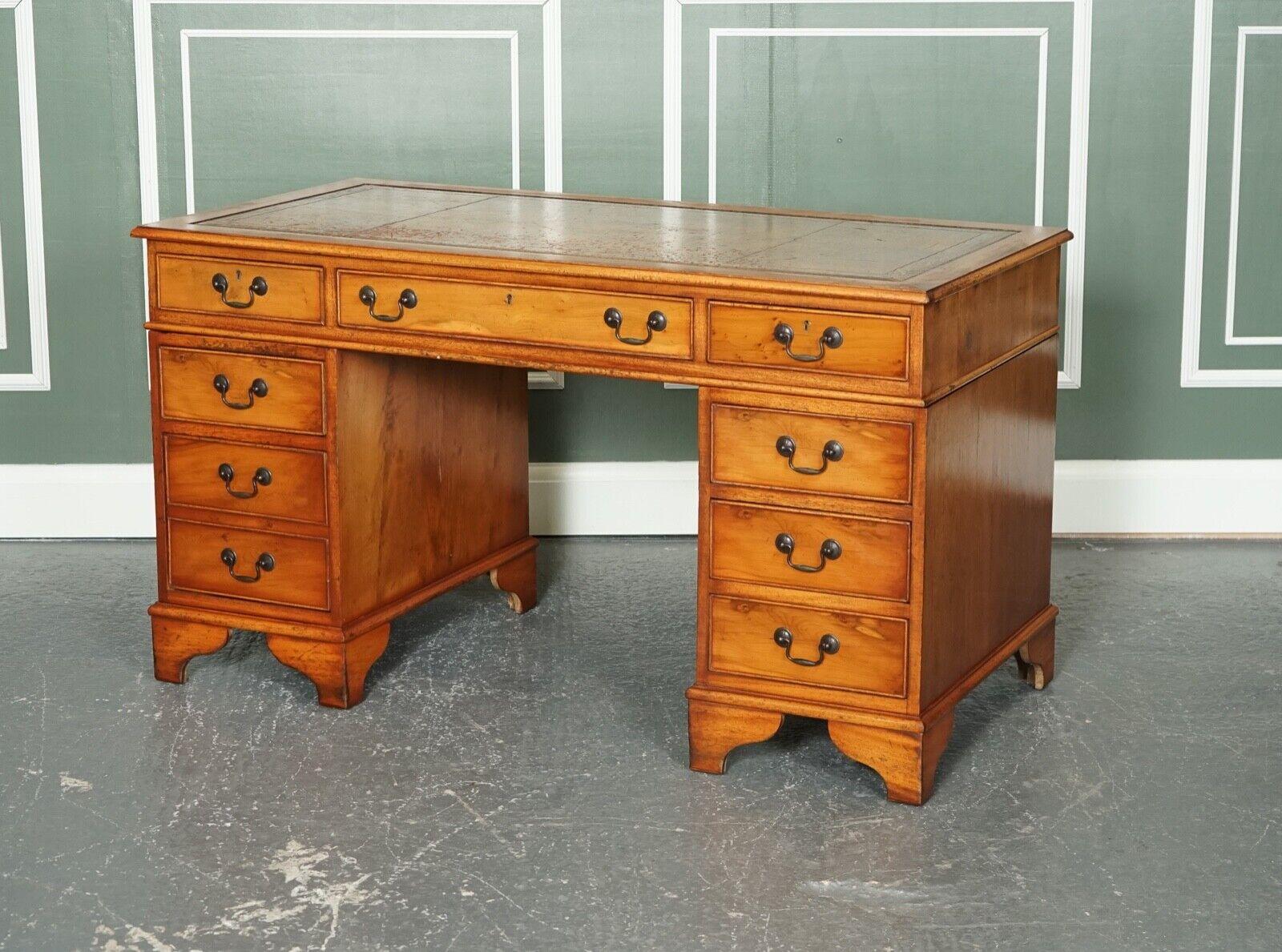 British Vintage Yew Wood Brown Distracted Leather Embossed Top Pedestal Desk