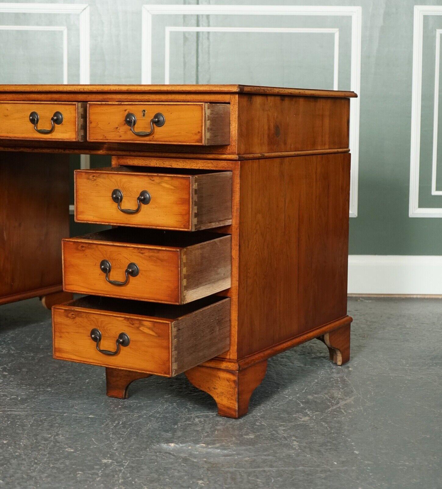 20th Century Vintage Yew Wood Brown Distracted Leather Embossed Top Pedestal Desk