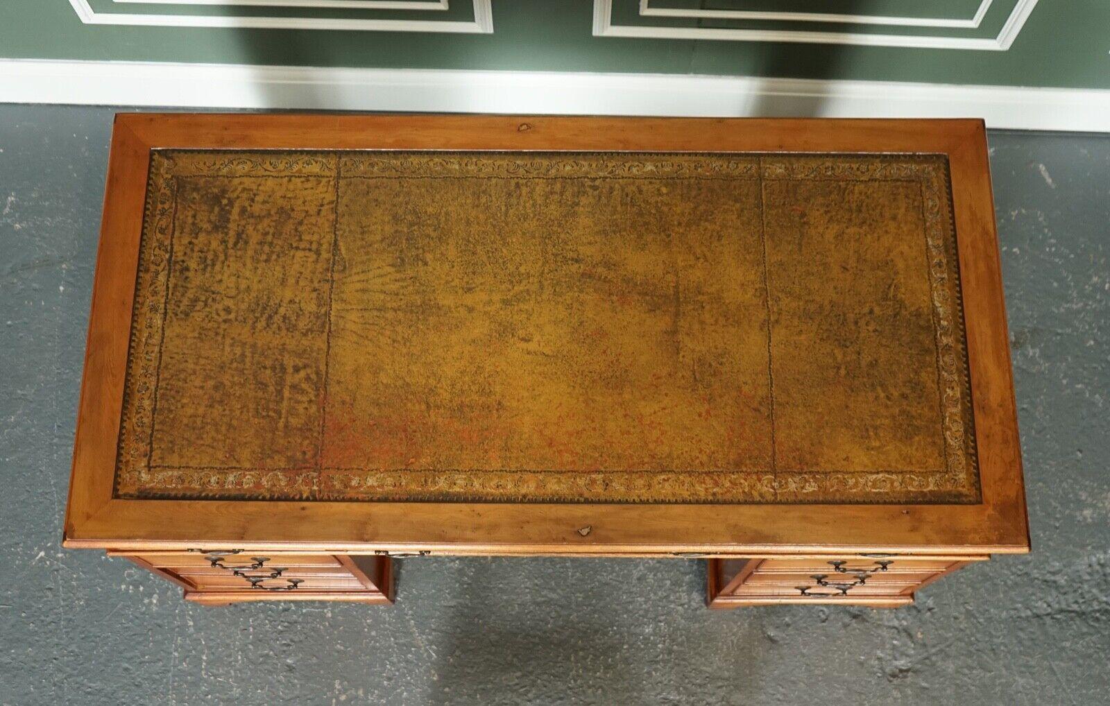 Vintage Yew Wood Brown Distracted Leather Embossed Top Pedestal Desk 1