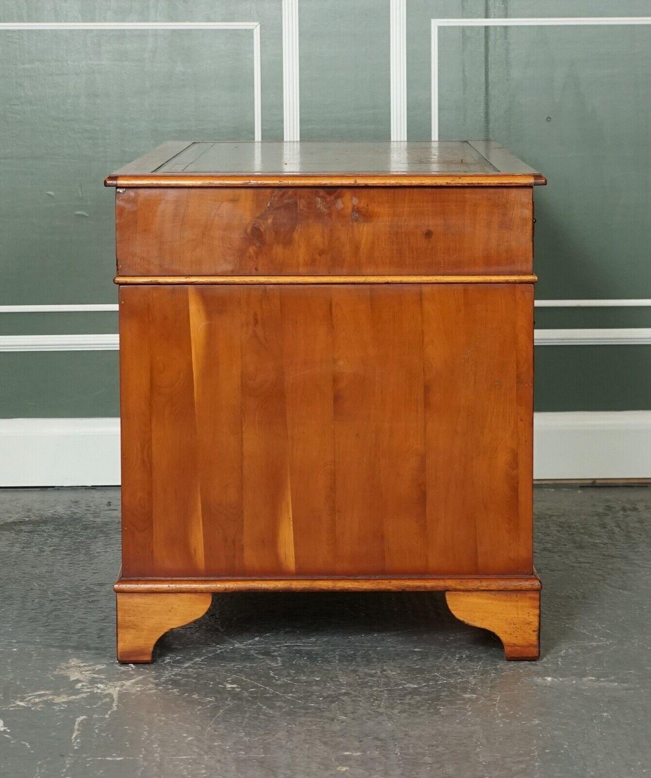 Vintage Yew Wood Brown Distracted Leather Embossed Top Pedestal Desk 4