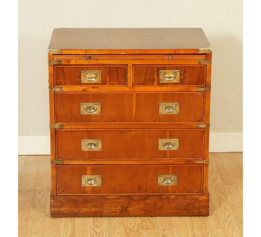 British Vintage Yew Wood Burr Military Campaign Chest of Drawers