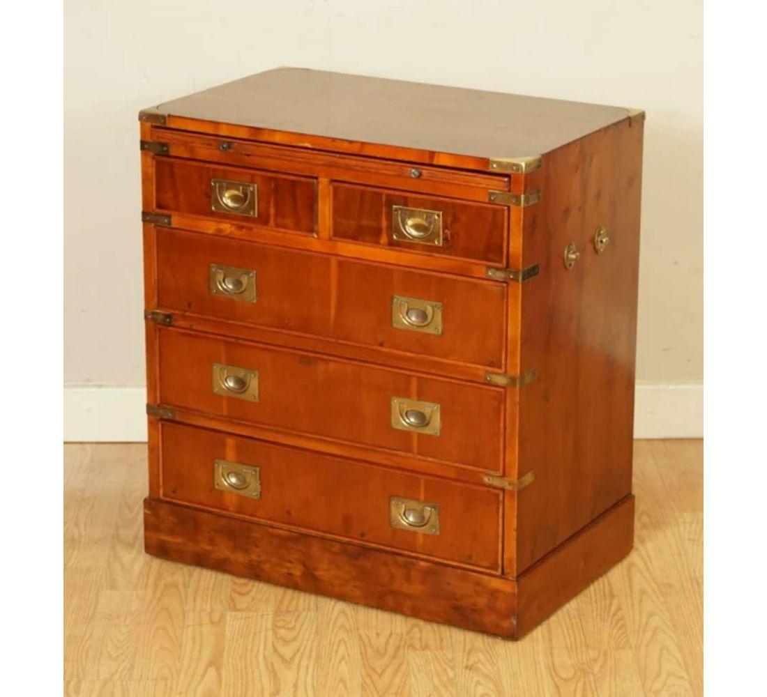 Hand-Crafted Vintage Yew Wood Burr Military Campaign Chest of Drawers