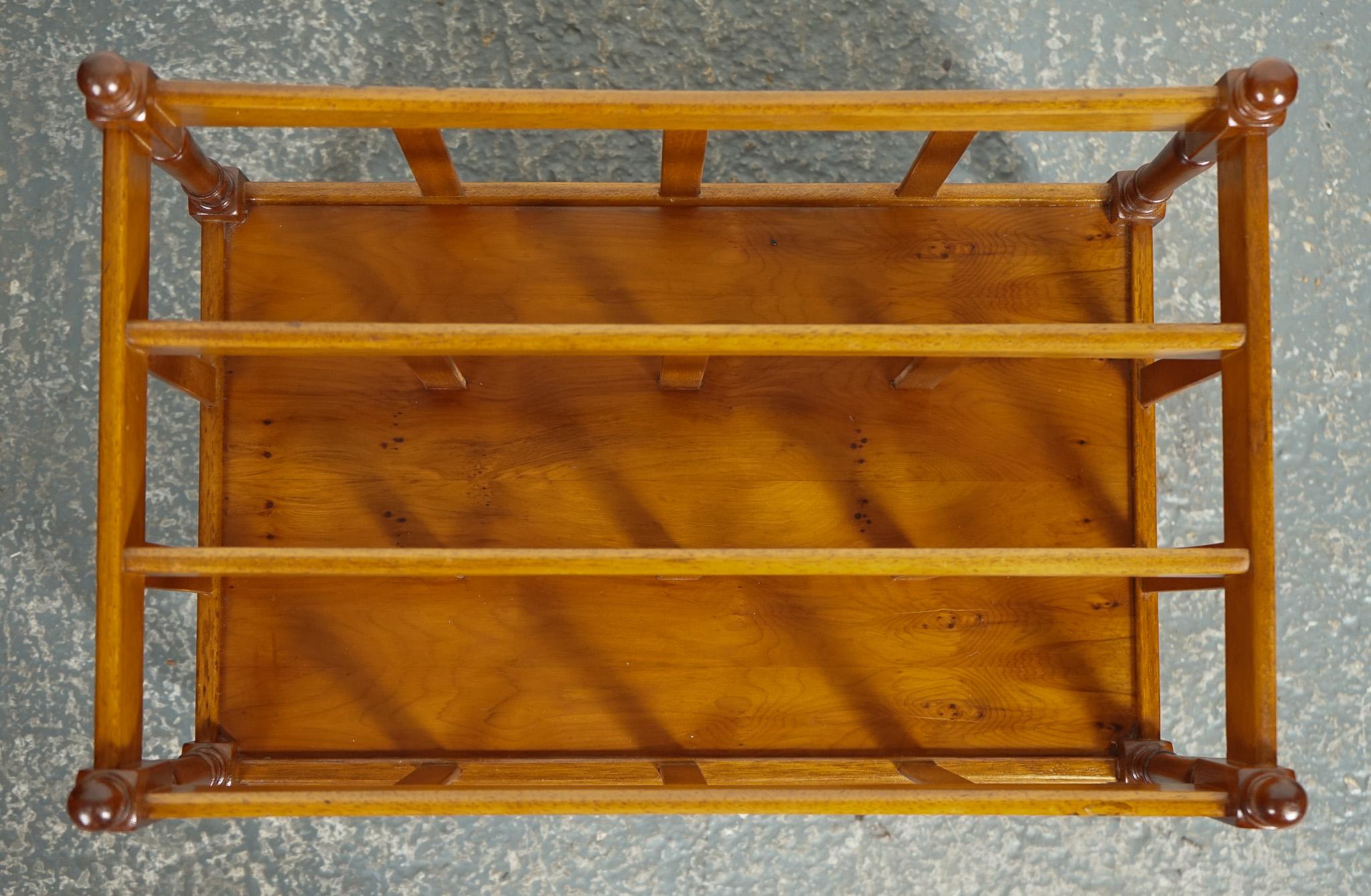20th Century VINTAGE YEW WOOD CANTERBURY NEWSPAPER RACK WITH BRASS HANDLES AND DRAWER j1 For Sale
