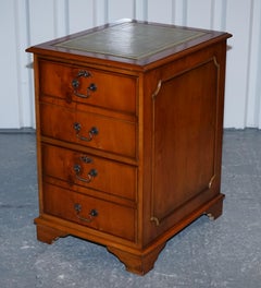 VINTAGE YEW WOOD FILLING CABINET WiTH GREEN LEATHER TOP AND TWO DRAWERS