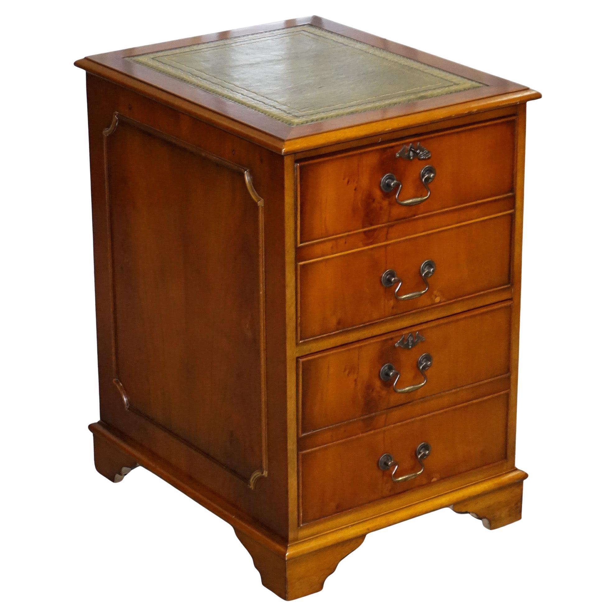 VINTAGE YEW WOOD FILLING CABINET WiTH GREEN LEATHER TOP AND TWO DRAWERS
